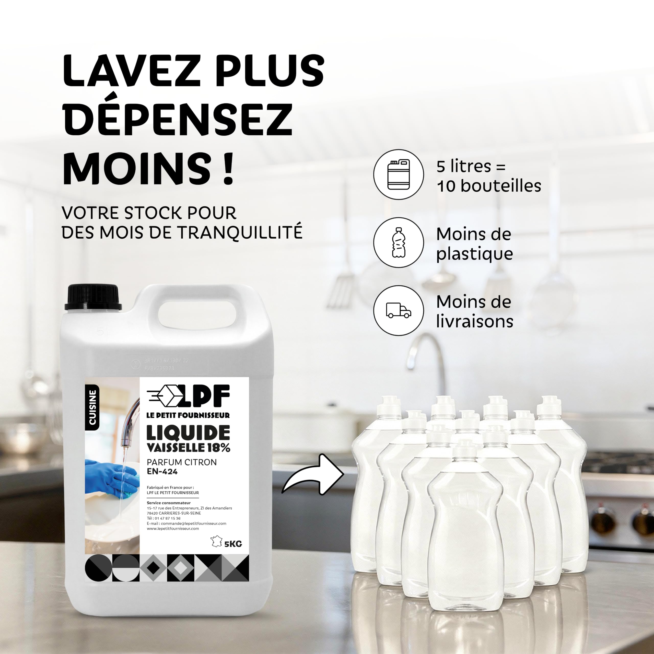 LPF LE PETIT FOURNISSEUR - Liquide Vaisselle 5L Concentré 18% Citron - Dégraissant Haute Performance Pro - Recharge Économique Vaisselle Main - Brillance Anti-Calcaire - 4 Bidons 5L