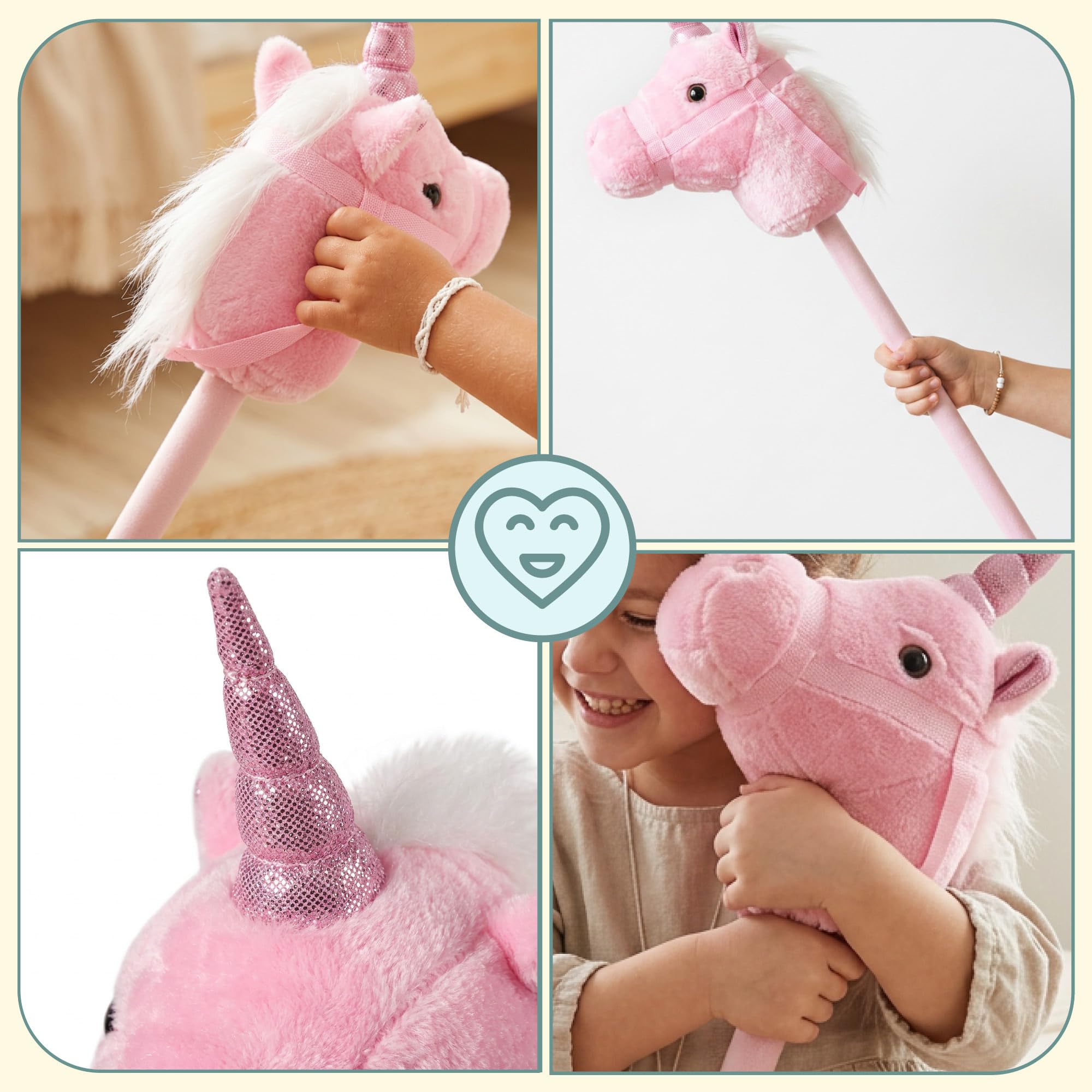 mamabrum Hobby Horse Einhorn Rosa Steckenpferd Kinder 80 cm | Magisches Einhorn mit Glitzerhorn, weichem Plüschkopf und festen Zügeln für fantasievolle Bewegungsspiele.