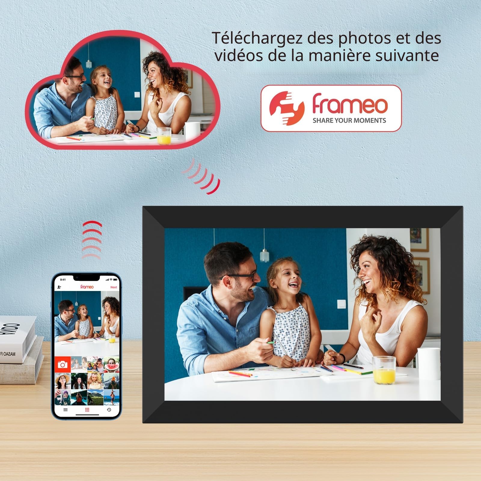 Frameo Cadre Photo numérique Wi-FI 32 Go Cadre Photo numérique 10,1" 1280 x 800 IPS Écran Tactile LCD Smart Cloud avec Rotation Automatique Moments Partager immédiatement Via l'application Frameo