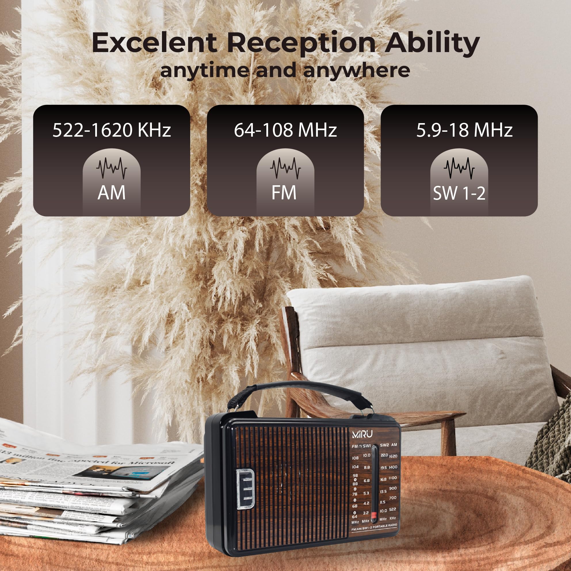 MIRU Radio Portatile AM/FM/SW SR-1021 con USB, Antenna Telescopica, 220V, Nero Legno