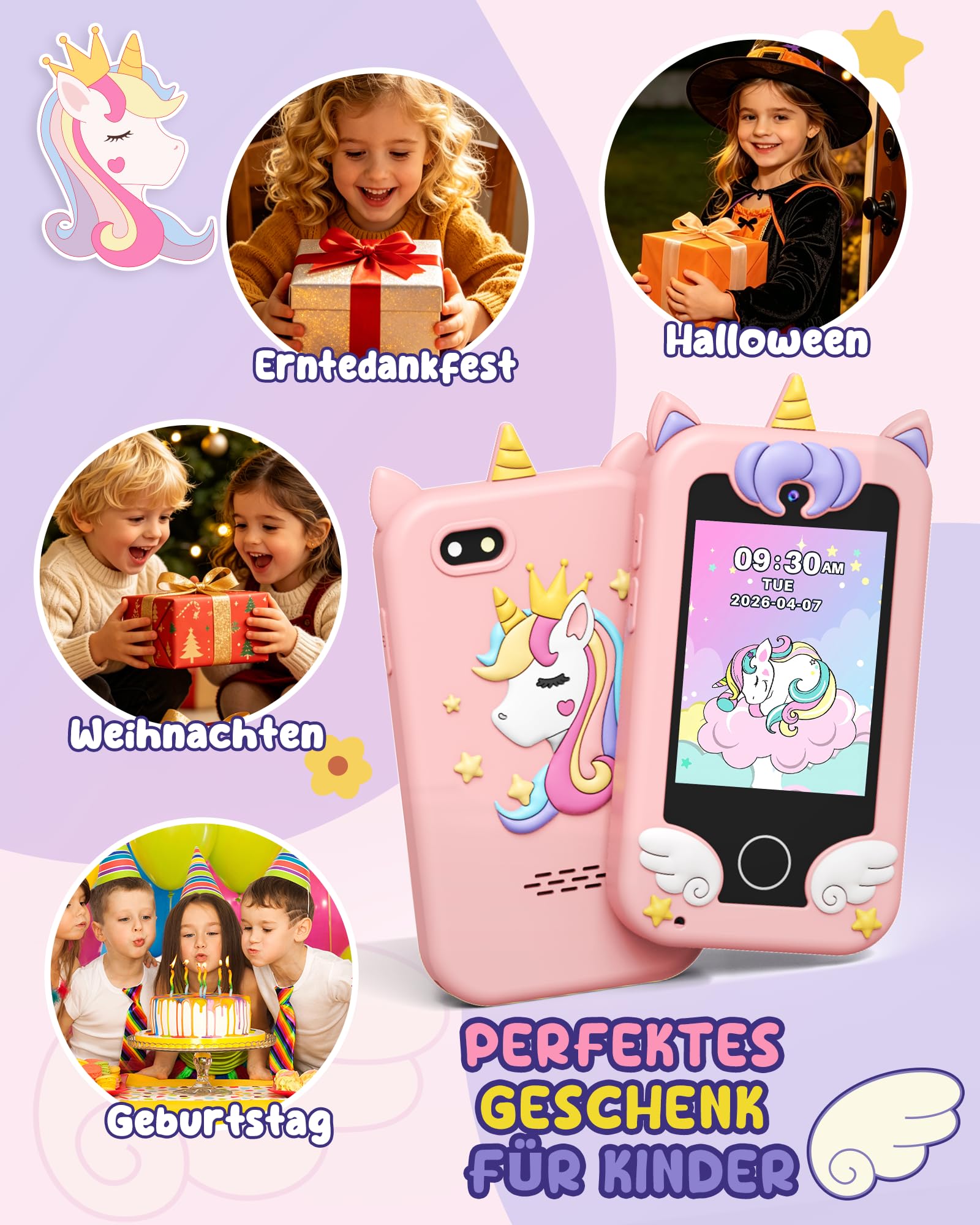 UCIDCI Kinder Handy Spielzeug mit Dual-Kamera für 3-7 Jahre, Lernspielzeug & MP3-Player, Rosa