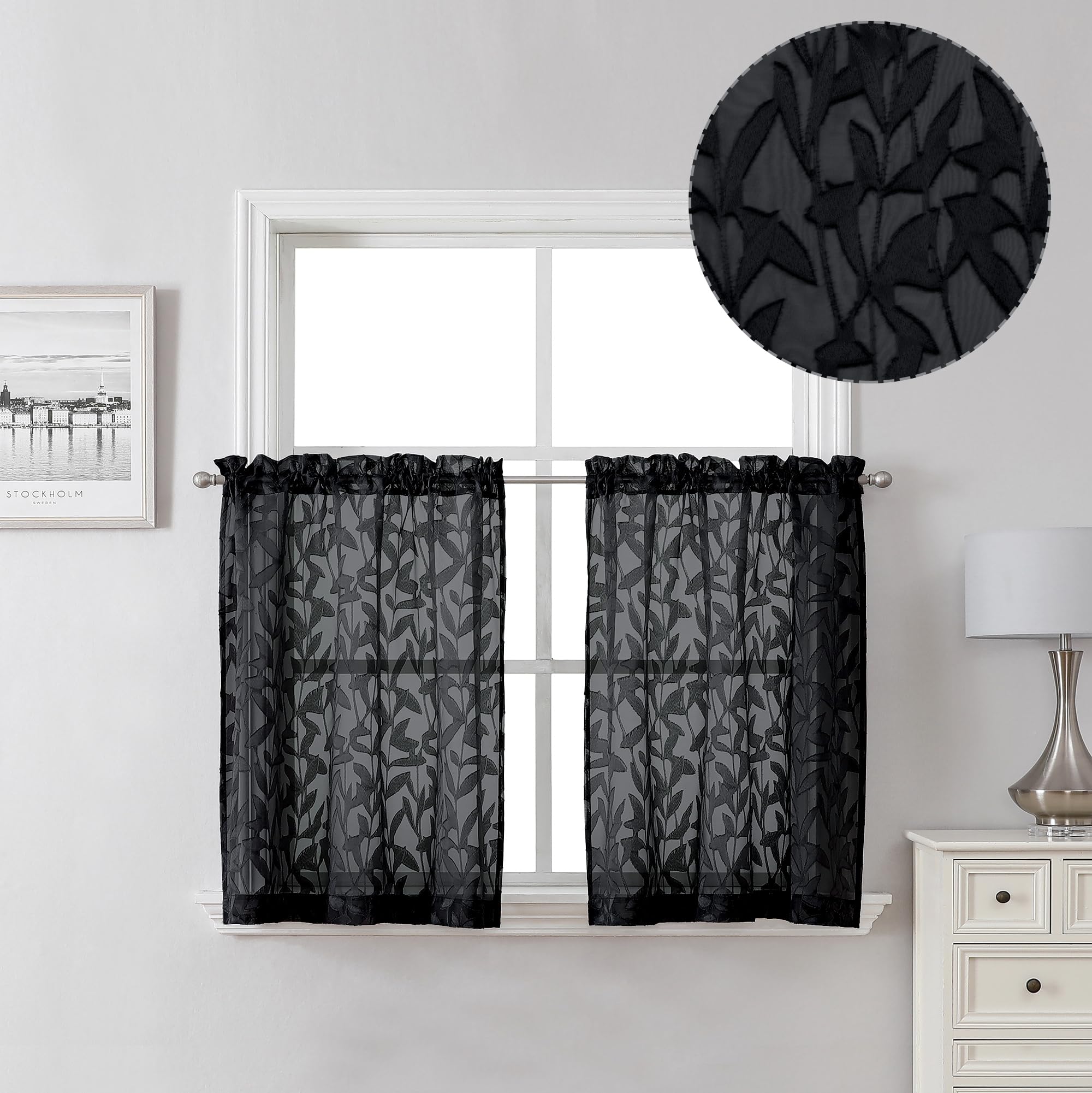 Lecloud Leia Black Valances Sheer Cafe Curtains 24 Inch Length 2 Pieces, Jacquard Textured Leaf Voile Kitchen Curtain Tiers with Dual Rod Pockets, Clip Farmhouse Bedroom Living Room Valance, 38W x 24L