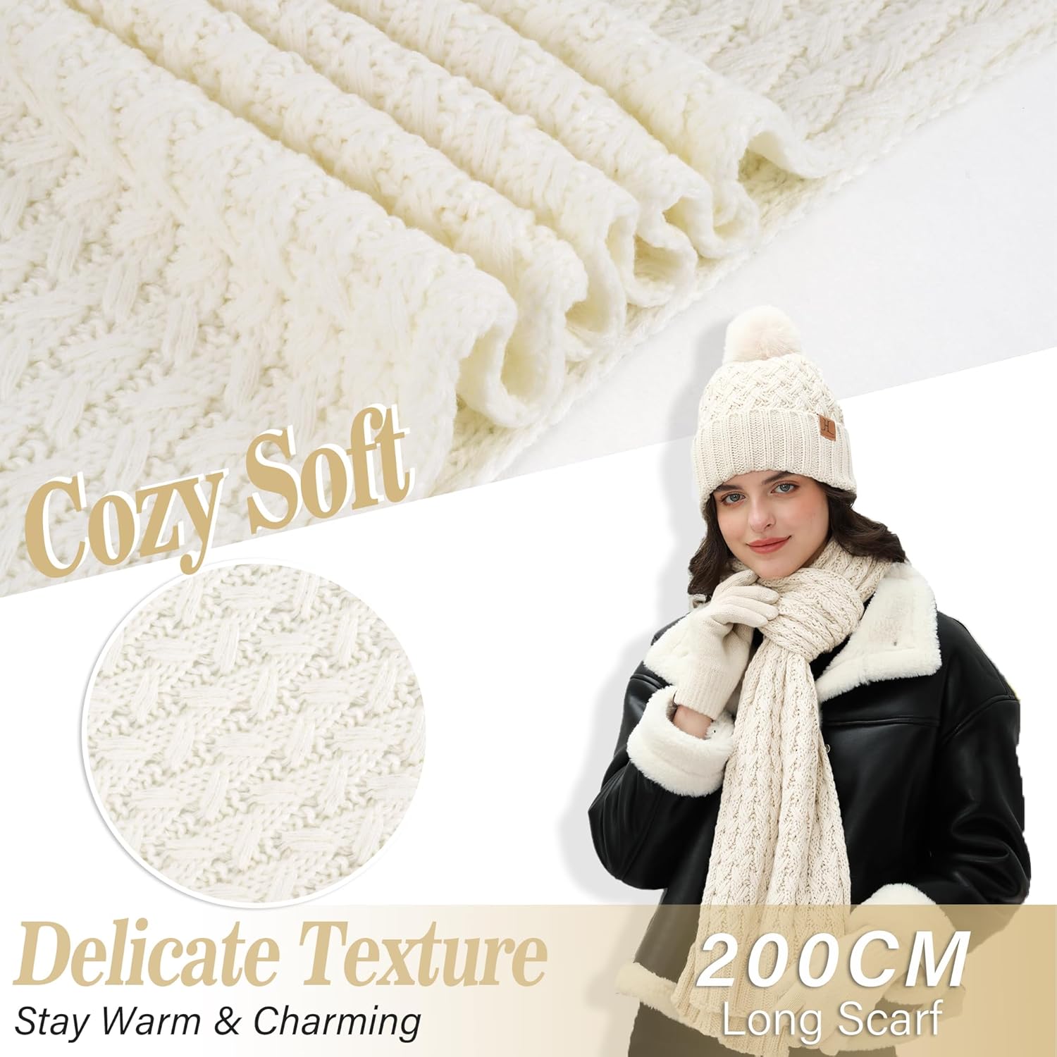 Womens Winter Beanie Hat Touchscreen Gloves Long Neck Scarf Set Warm Knit Caps with Pom Fleece Gifts for Women - Image 4