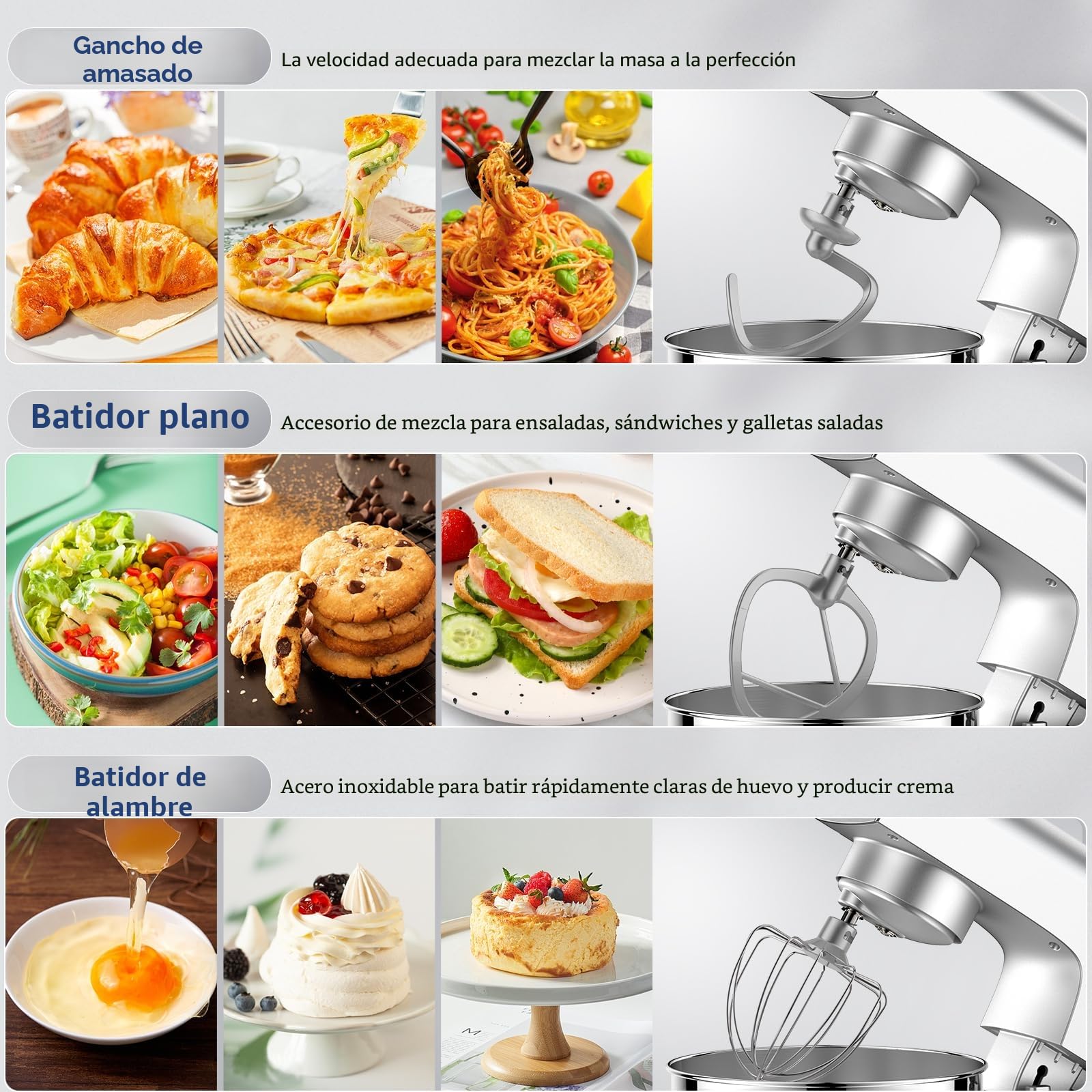 Vezzio Batidora Amasadora,1500W|4.5 L Amasadora de Pan Para Repostería,Bol de Acero inoxidable de Amasador,Batidor,Varillas y Protección Para Salpicaduras 10 Velocidades Repostería Profesional