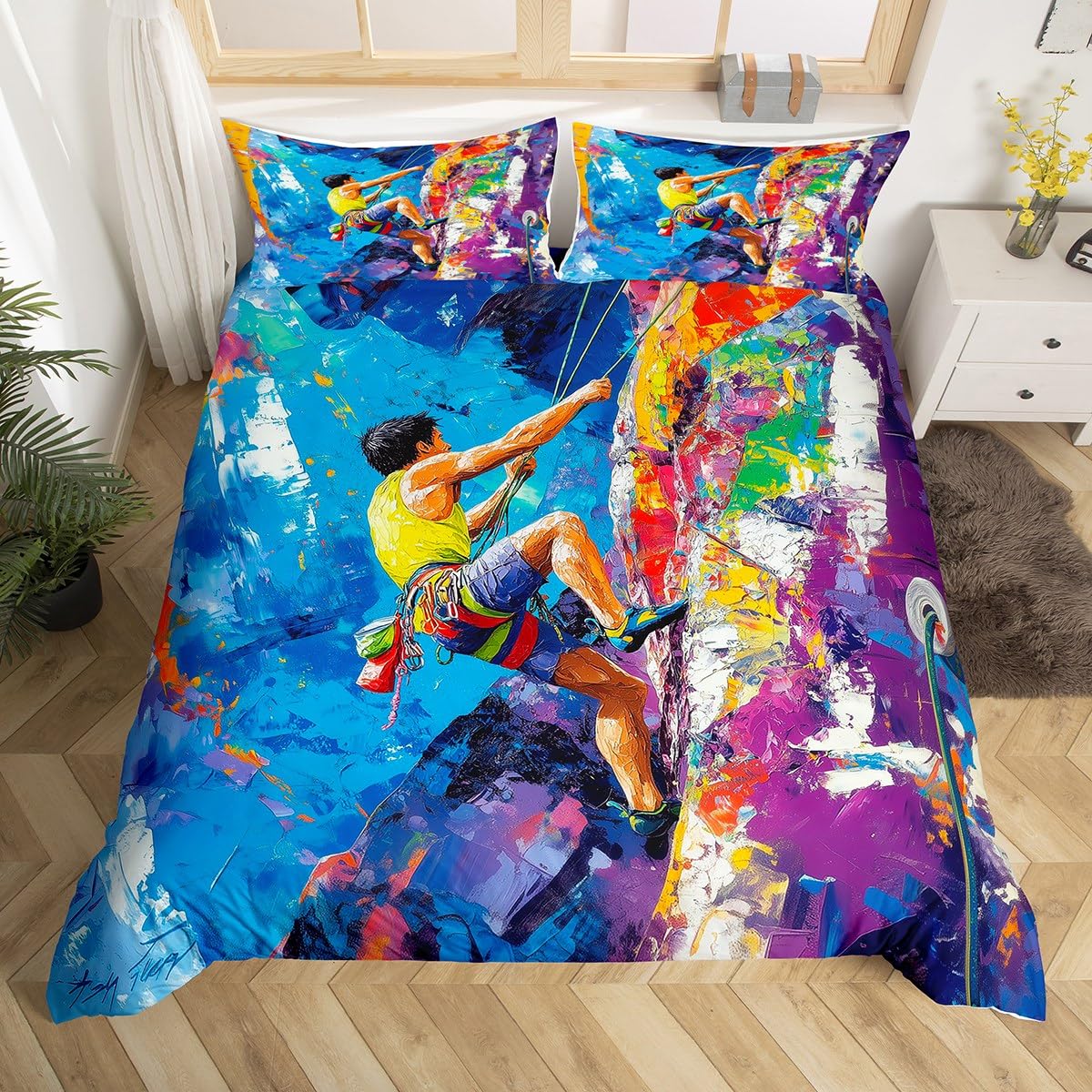 Homewish Aquarell Kletter 135x200 Bettbezug für Männer Frauen, Rock Mountain Klettern Bettwäsche Set, Bunte Bouldering Bett Set, Outdoor Extreme Sports Thema Tröster Abdeckung