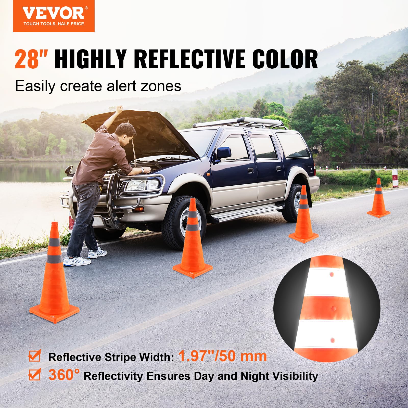VEVOR Cono de Tráfico Reflectante 70 cm 4 Piezas Plegable Portátil con Bolsa
