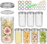 12oz Mason Jars with Lids & Bands 8-Pack - Airtight Leakproof Canning Jars, Diamond Non-Slip Grip, Stickers & Brush for Jams, Honey, Herbs, Wedding Favors