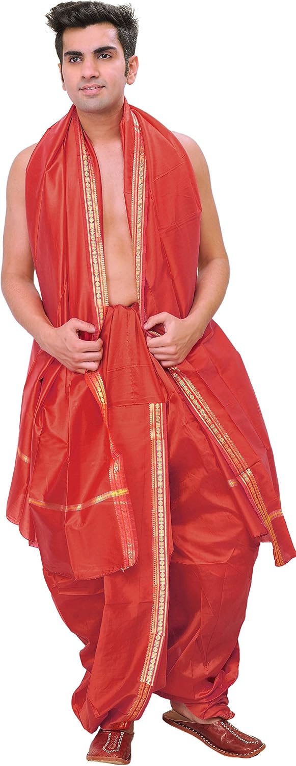 Exotic India Ready to Wear Dhoti and Angavastram Set with Woven Golden Border