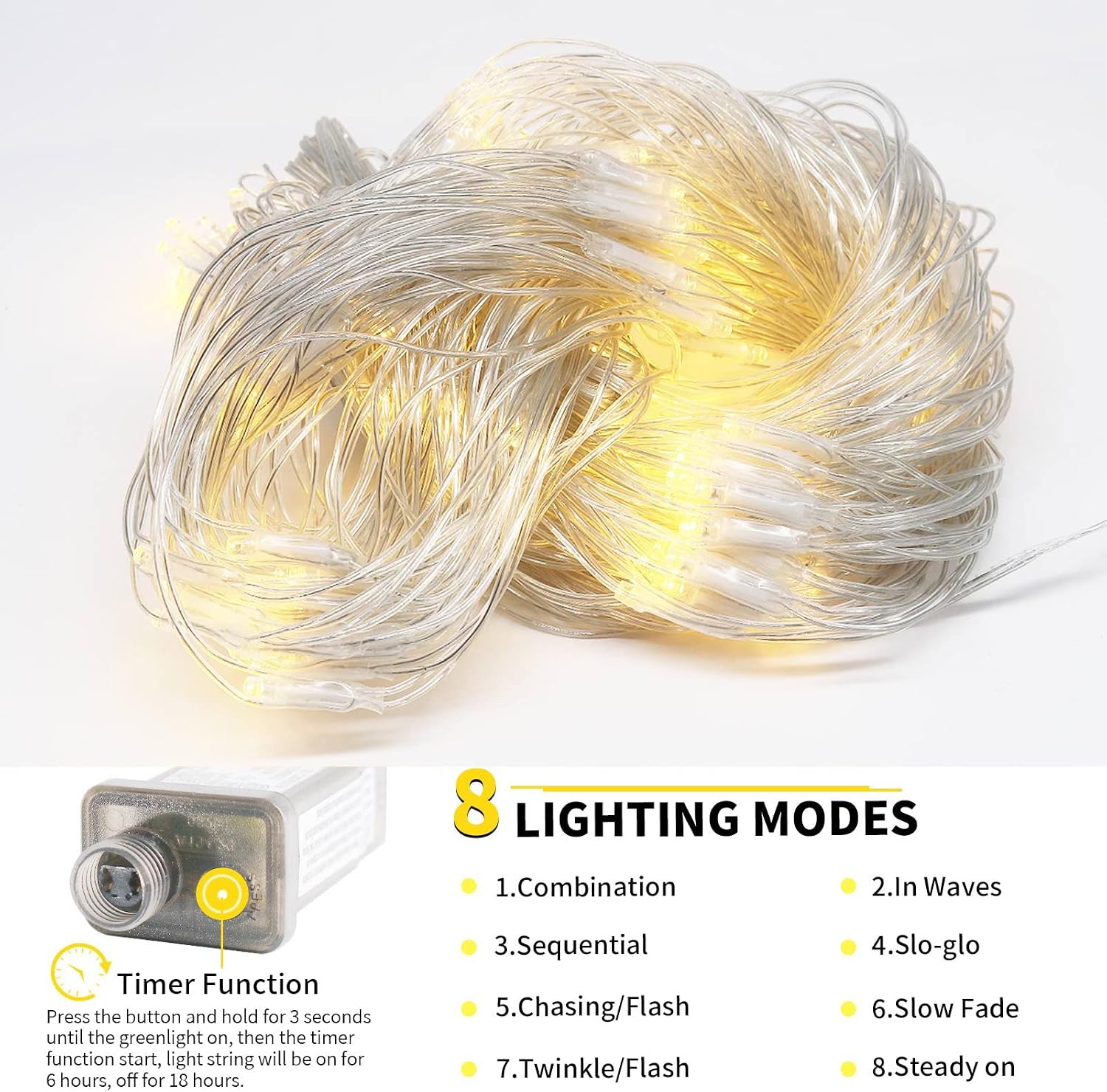 198 LED Warm White Net Lights Outdoor Mesh Lights 9.8ft x 6.6ft for Garden, Lawn, Shrubs, Party, Wedding, Christmas Decorations, 8 Modes & Memory Function, Connectable, Clear Wire-Warm White