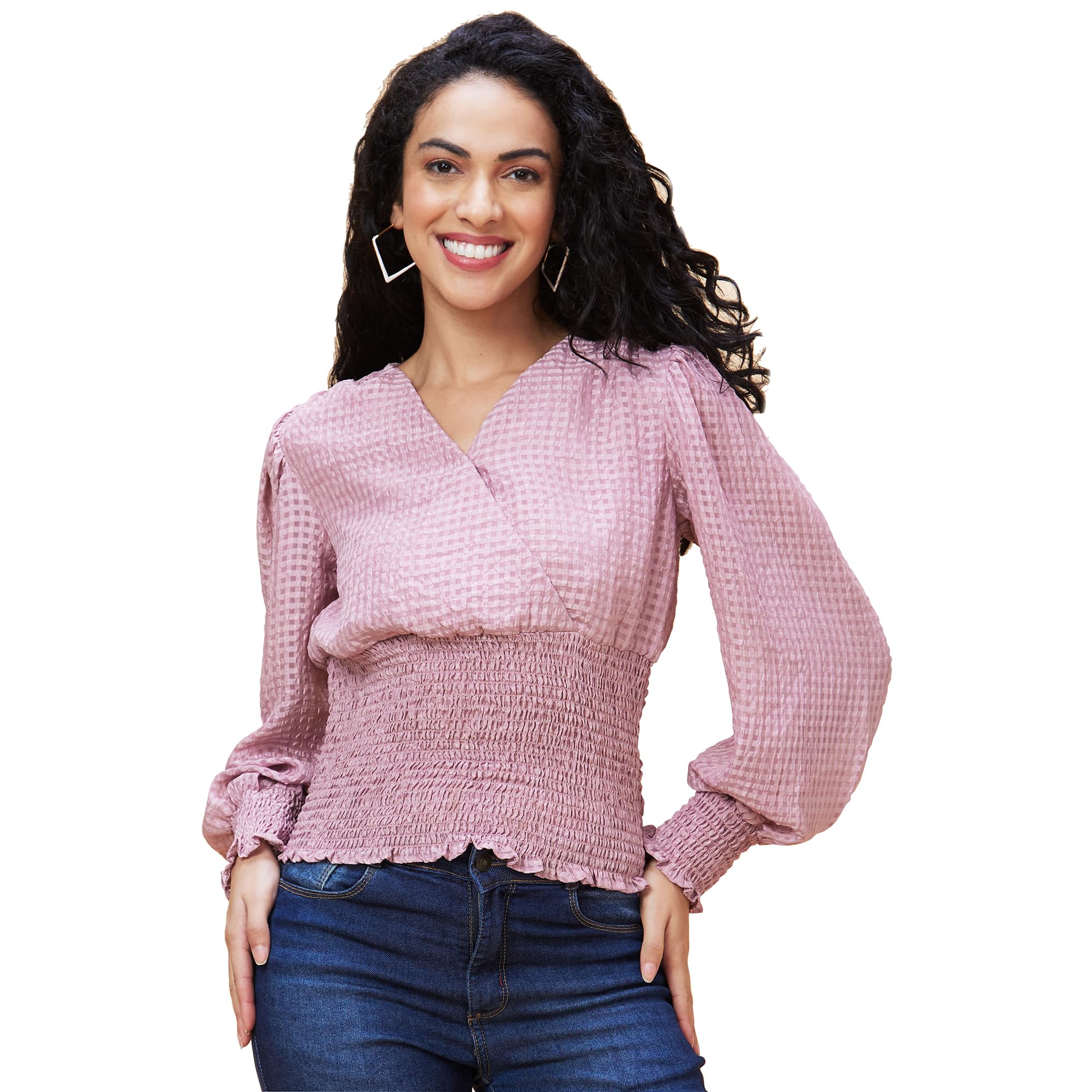 Women Mauve Self Design Wrap V-Neck Smocked Waist Casual Top-image-0