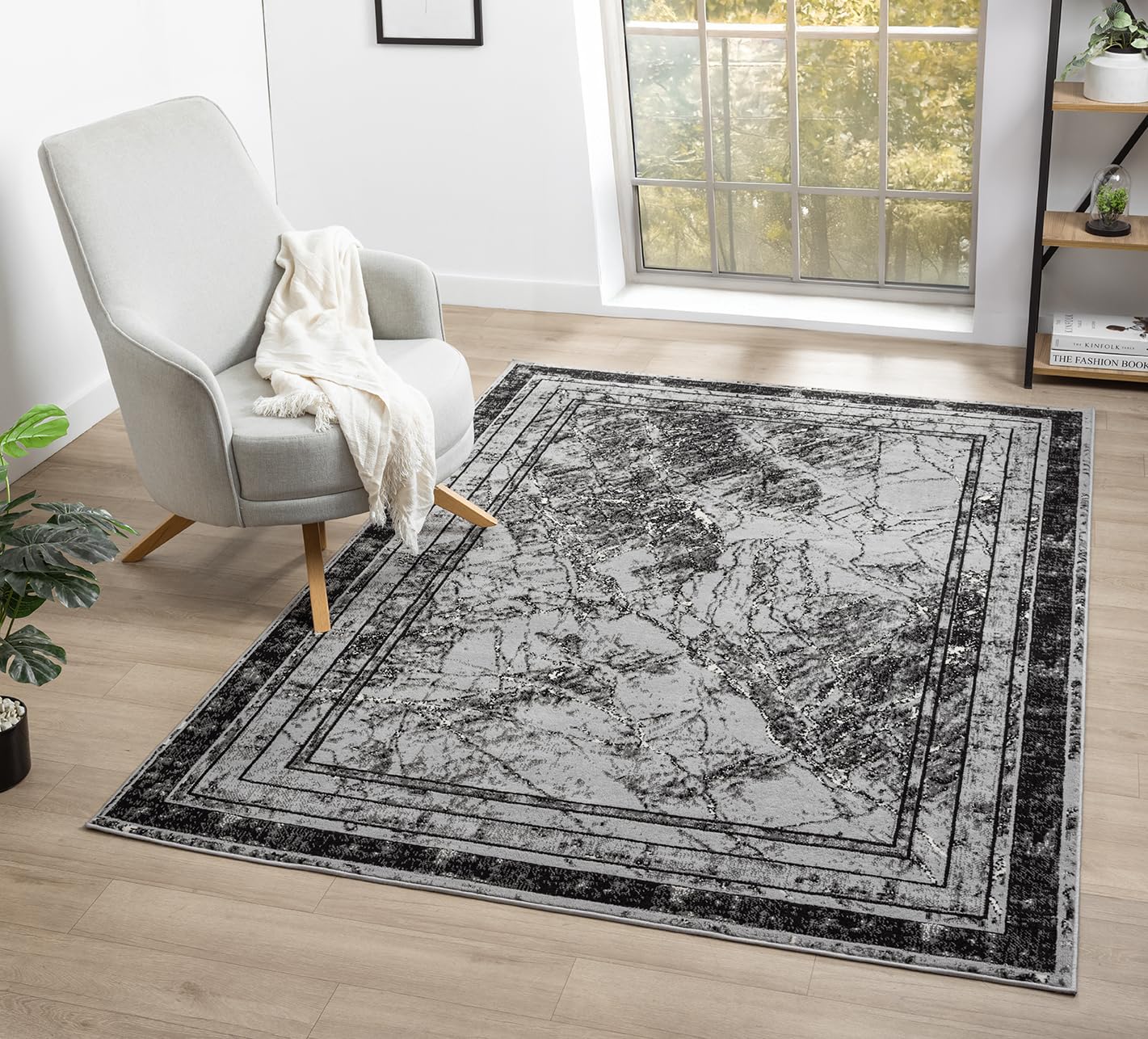 Obsidian Modern Low Pile Area Rug - Polypropylene Weaving - Jute Backing - Floral Traditional Abstract Designs Rugs, Grey, 200x290 cm