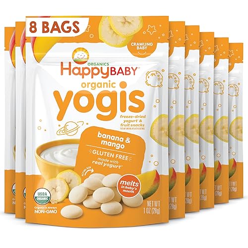 Happy Baby Organics Yogis Snacks liofilizados de yogur y frutas, plátano y mango, bolsa de 1 onza (paquete de 8) el embalaje puede variar