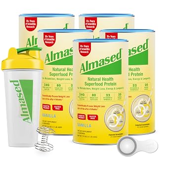 Almased | High Protein Shakes | Meal Replacement Shake | Meal Replacement Powder for Weight Loss with Shaker Bottle Vanilla Flavor, 5 Cans of 17.6 oz + Scoop