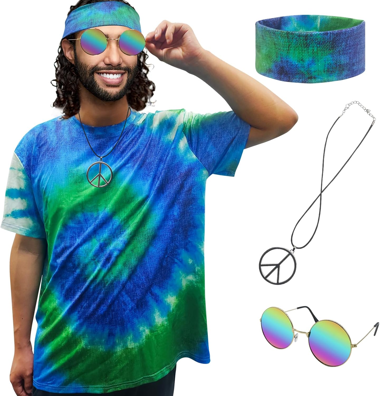 Hippie Costume for Men Women 60s and 70s colorful T-shirt sunglasses headband Peace necklace 4-piece theme party