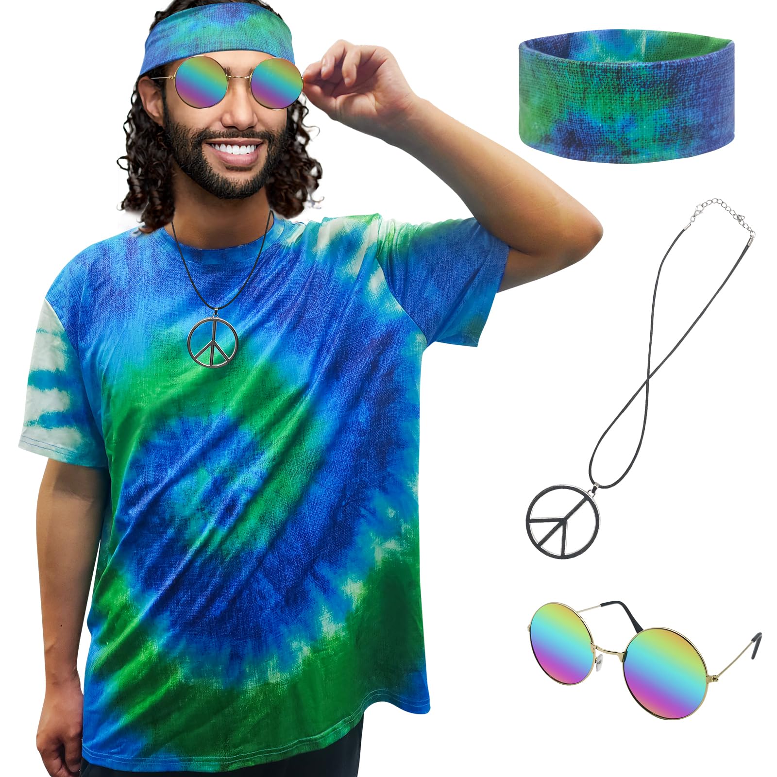 XonyiCos Hippie Costume for Men Women 60s and 70s colorful T-shirt sunglasses headband Peace necklace 4-piece theme party (Blue 4-piece set, X-Large) โ image 1