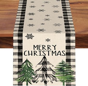 Merry Christmas Tree Dining Table Runner, Xmas Black White Buffalo Plaid Farmhouse Burlap Kitchen Decoration, Winter Holiday Snowflake Indoor Outdoor Home Decor Party Supply 13 x 90 Inches