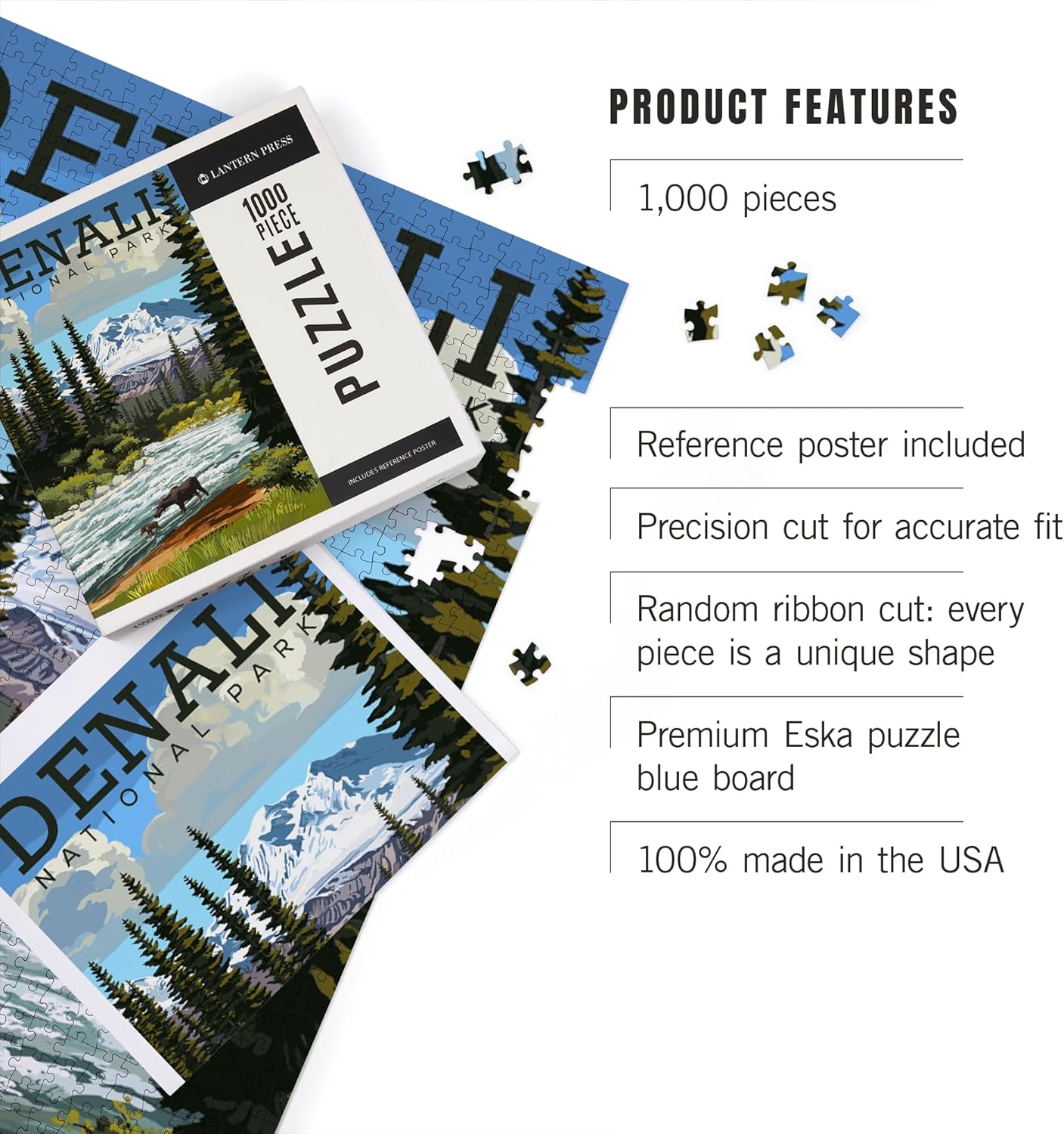Alaska Puzzle 1000 Pieces, Denali National Park Mountain Landscape, Hand Drawn Art by Lantern Press, Made in USA Premium Jigsaw Puzzle for Adults