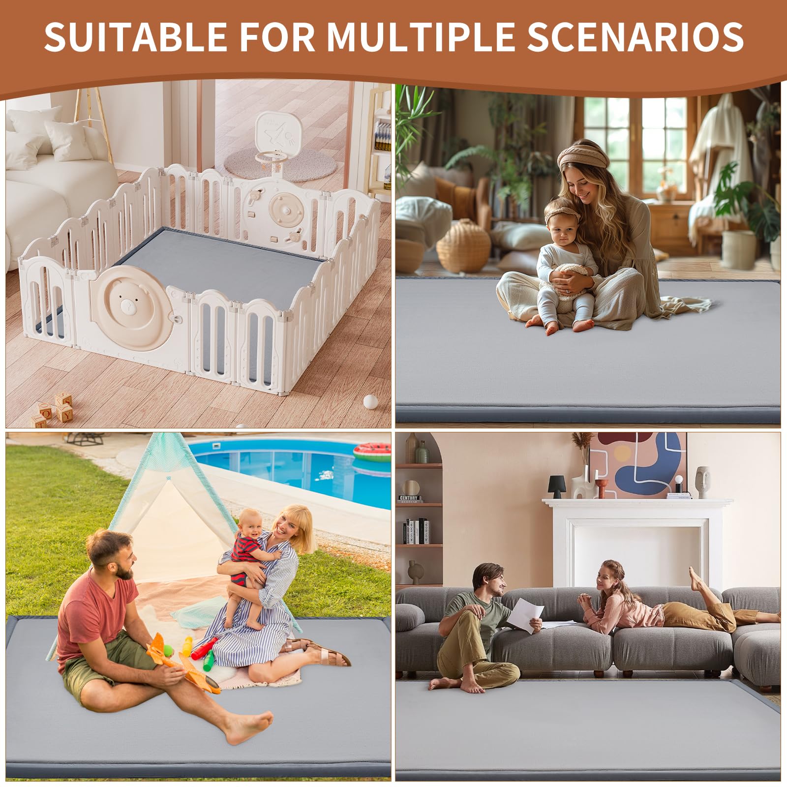 SUNYRISY Krabbelmatte Baby Spielmatte Krabbeldecke, 3.5cm Dicke Kinderzimmer Spielteppich Kinder Teppich für Mädchen und Junge, Rutschfester Unterseite Tatami Matte, 150 x 180cm Grau