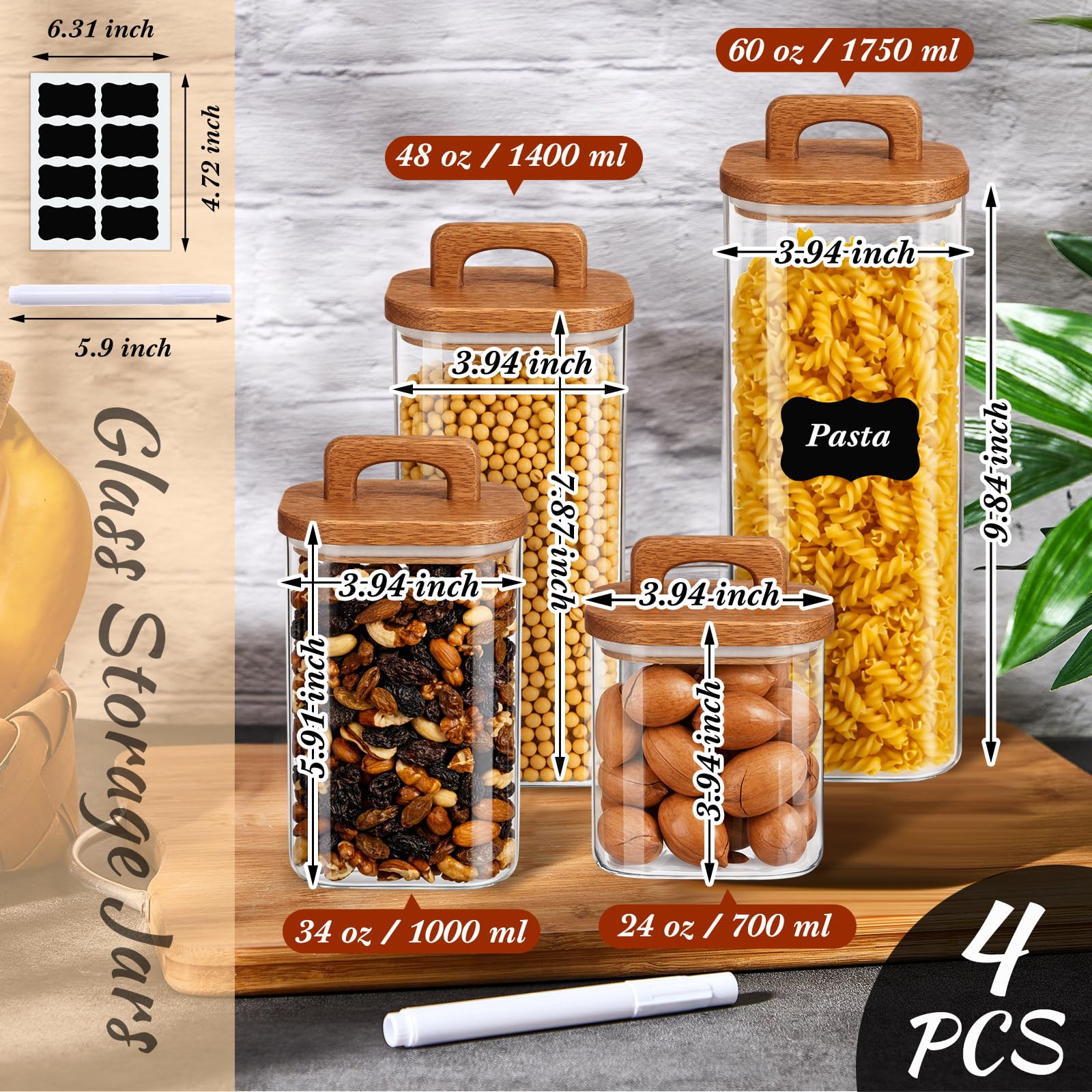Vorratsdosen aus Glas mit luftdichtem Holzdeckel für Süßigkeiten, Kekse, Zucker, Mehl, Nüsse und Nudeln, 4 Stück mit Aufklebern und Marker