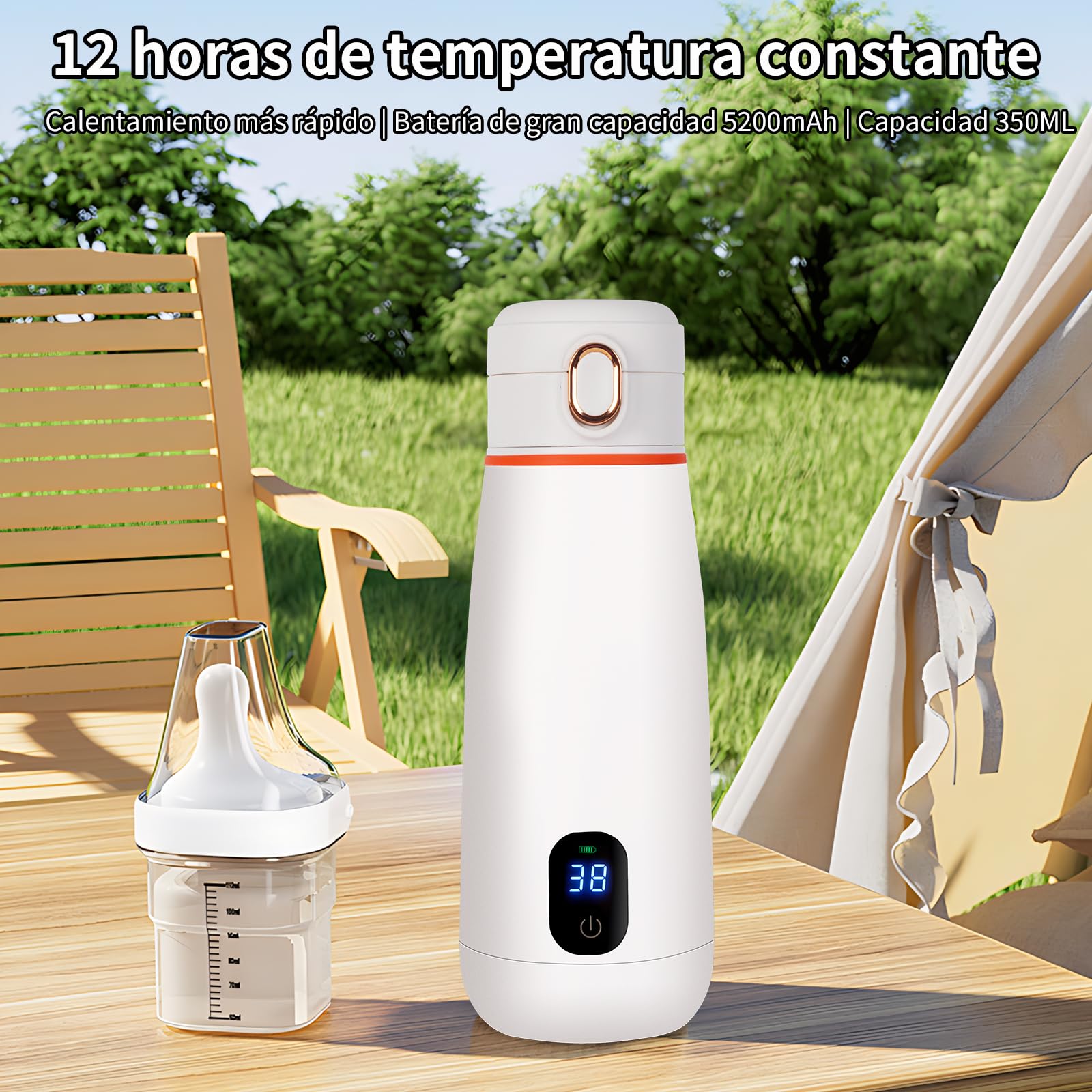 Calienta Biberones Portátil, Calentador de Biberones Recargable USB, Capacidad de 350mL, Carga Rápida con Control de Temperatura Para viajes