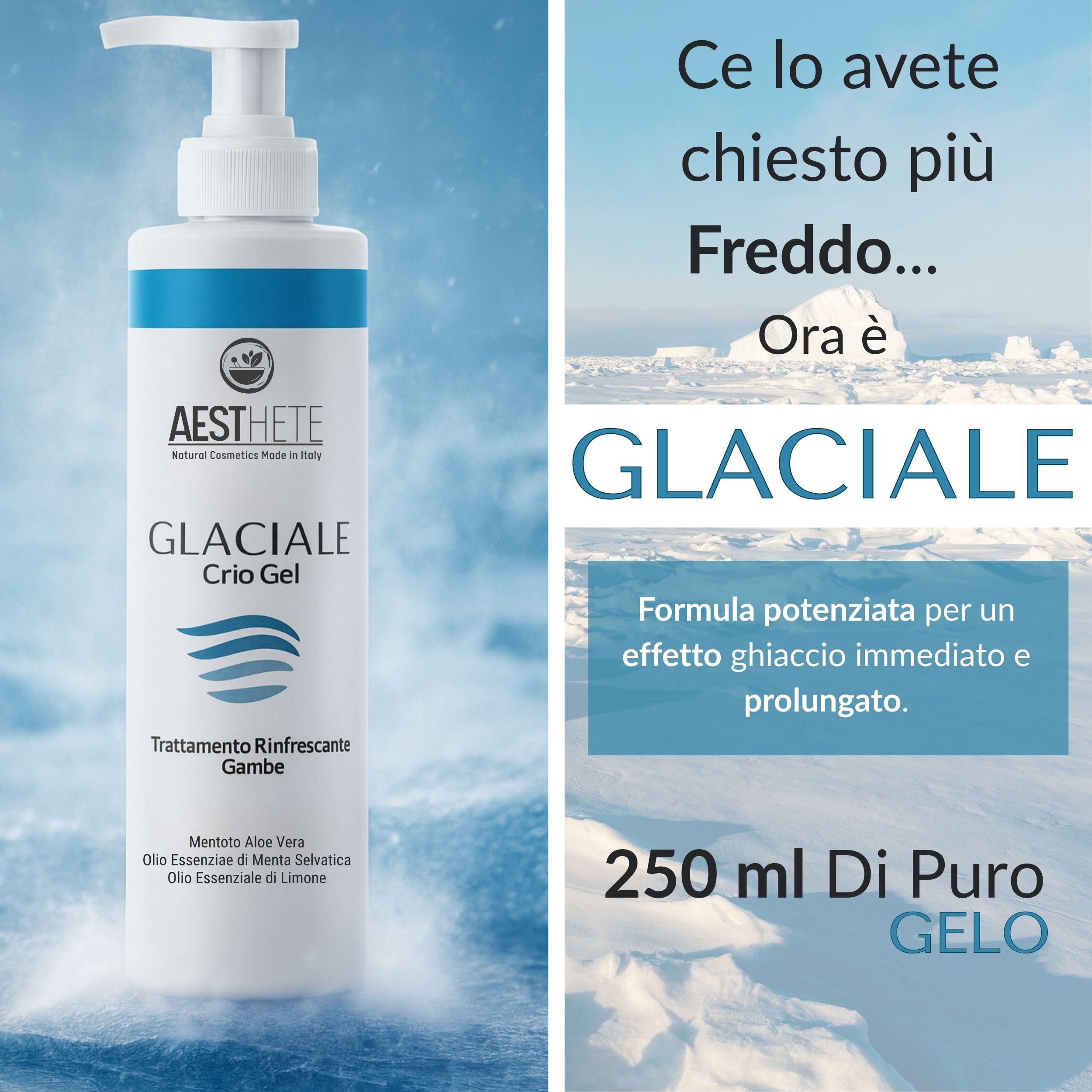 Crema Gambe Effetto Freddo Glaciale – Crio Gel Bio – Freschezza Intensa e Prolungata per Gambe Stanche, Gonfie e Pesanti Vene Varicose e Capillari Rotti – Tonificante e Defaticante Estivo 250ml