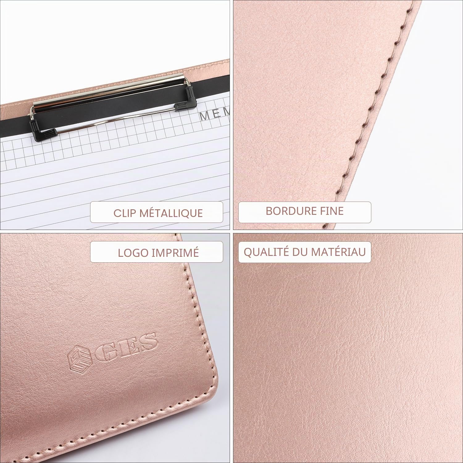 Porte-documents GES A4 en cuir avec pince-notes pour CV entreprise école bureau conférence (Or rose)