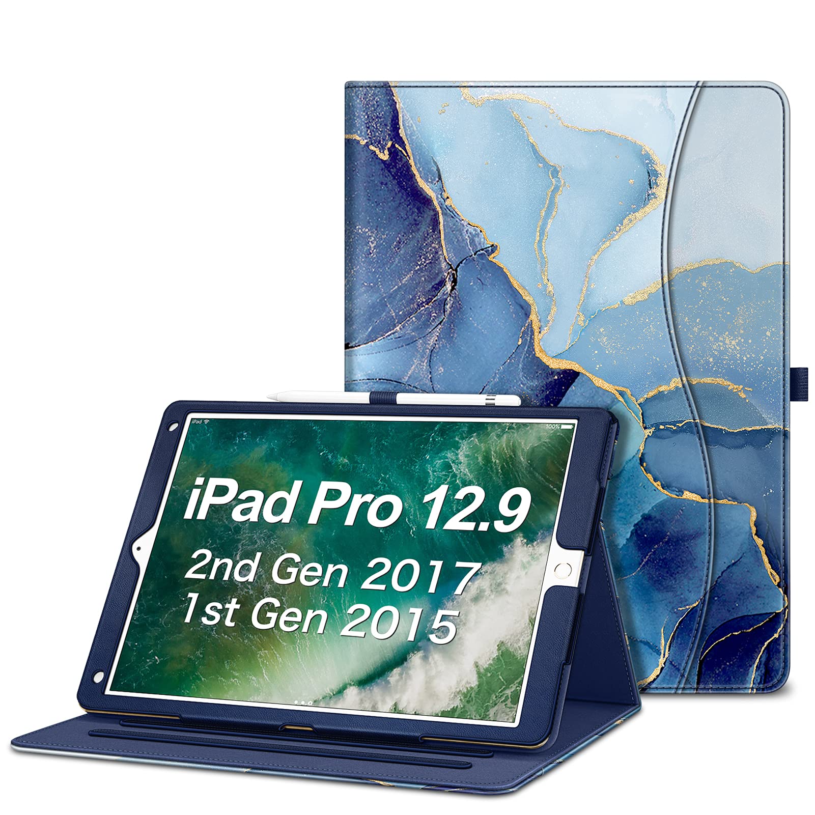 Fintie Multi-Angle Case, 2017/2015 iPad Pro 12.9 inch (Old Model) 1st & 2nd Gen Case - [Corner Protection] Folio Stand Cover with Pencil Holder & Pocket, Auto Wake/Sleep, Ocean Marble