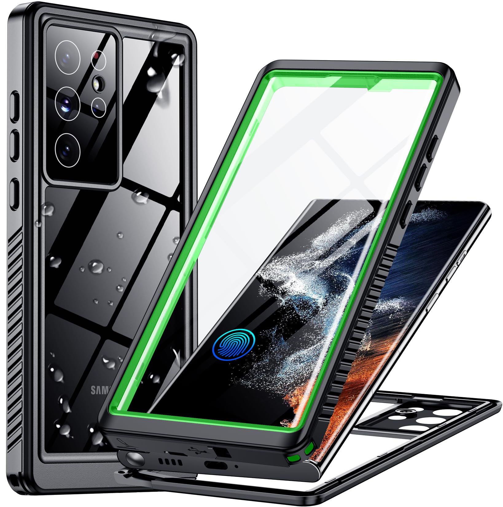 Temdan for Samsung Galaxy S22 Ultra Case,Waterproof Built-in Lens & Screen Protector[Full Body Shockproof][12 FT Military Drop Proof][Dustproof][IP68 Underwater] Case for S22 Ultra 5G 6.8”-Green