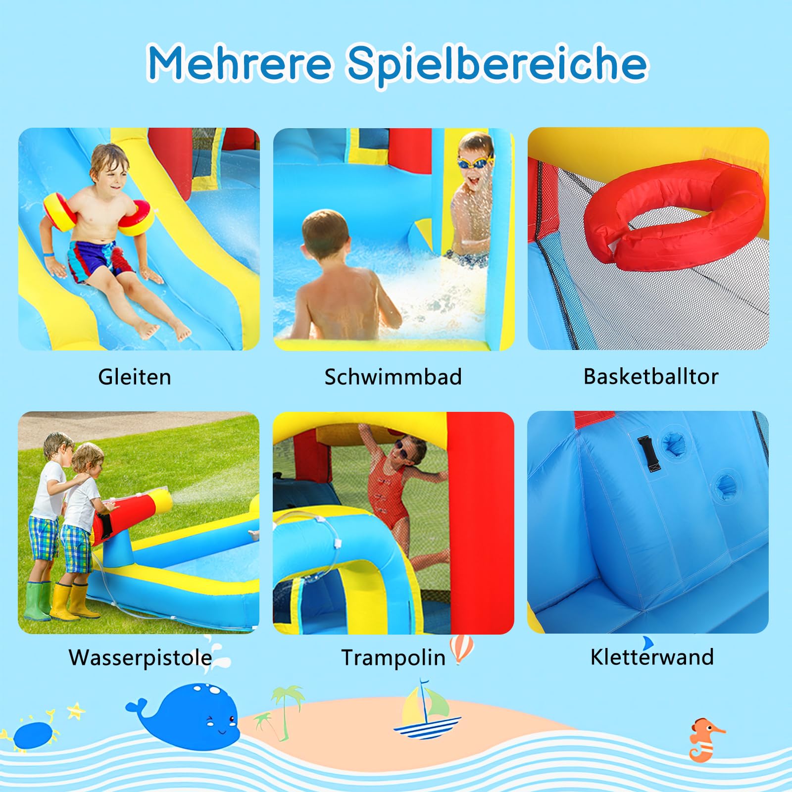 LEADZM Hüpfburg mit Gebläse, Großer Hüpfburg Kinder mit Trocken oder Wasserrutsche, Kletterwand, Schwimmbad, Geeignet für 3 Kinder von 3–10 Jahren, 465 x 365 x 195 cm