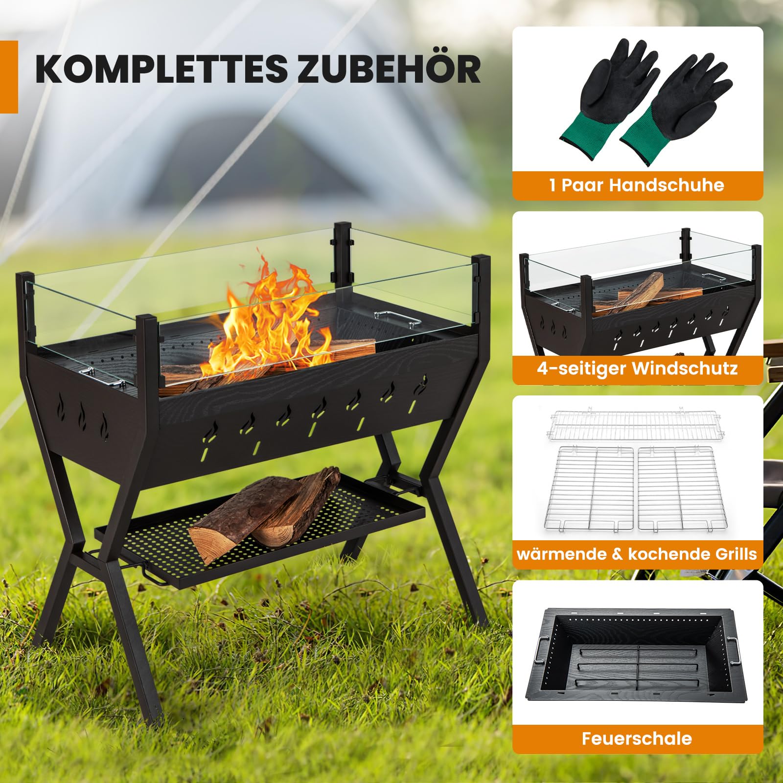 COSTWAY Grill na węgiel drzewny z ochroną przed wiatrem, regały na przyprawy i półka, grill kempingowy, powierzchnia grillowania ze stali nierdzewnej, grill z rękawiczkami do gotowania, na kemping