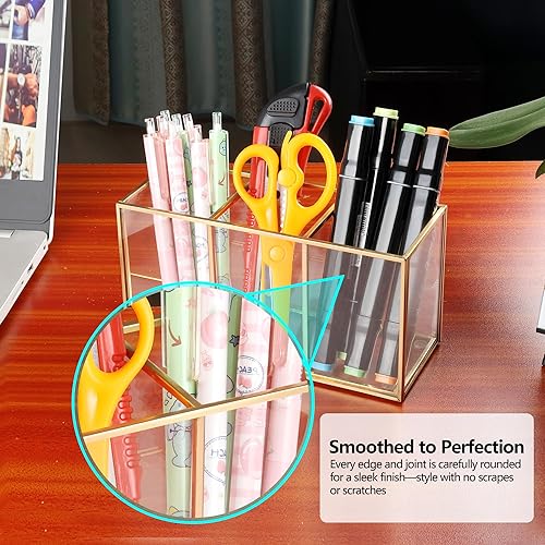 Miniatura 5 de Portalápices para escritorio, soporte para bolígrafo de vidrio templado, 3 y 4 compartimentos, organizador de almacenamiento de escritorio para