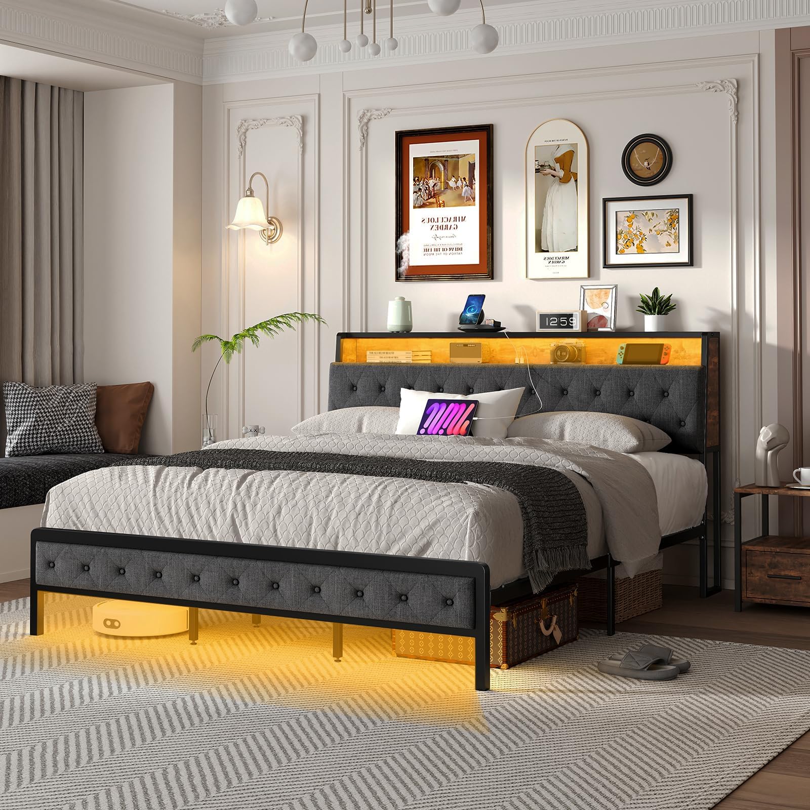 King Size Bed Frame, King Bed Frame with LED Storage Headboard,Platform Bed Frame with 3 Tier Bookcase Shelf Upholstered Headboard and Charging Station,No Box Spring Needed, Noise Free,Grey