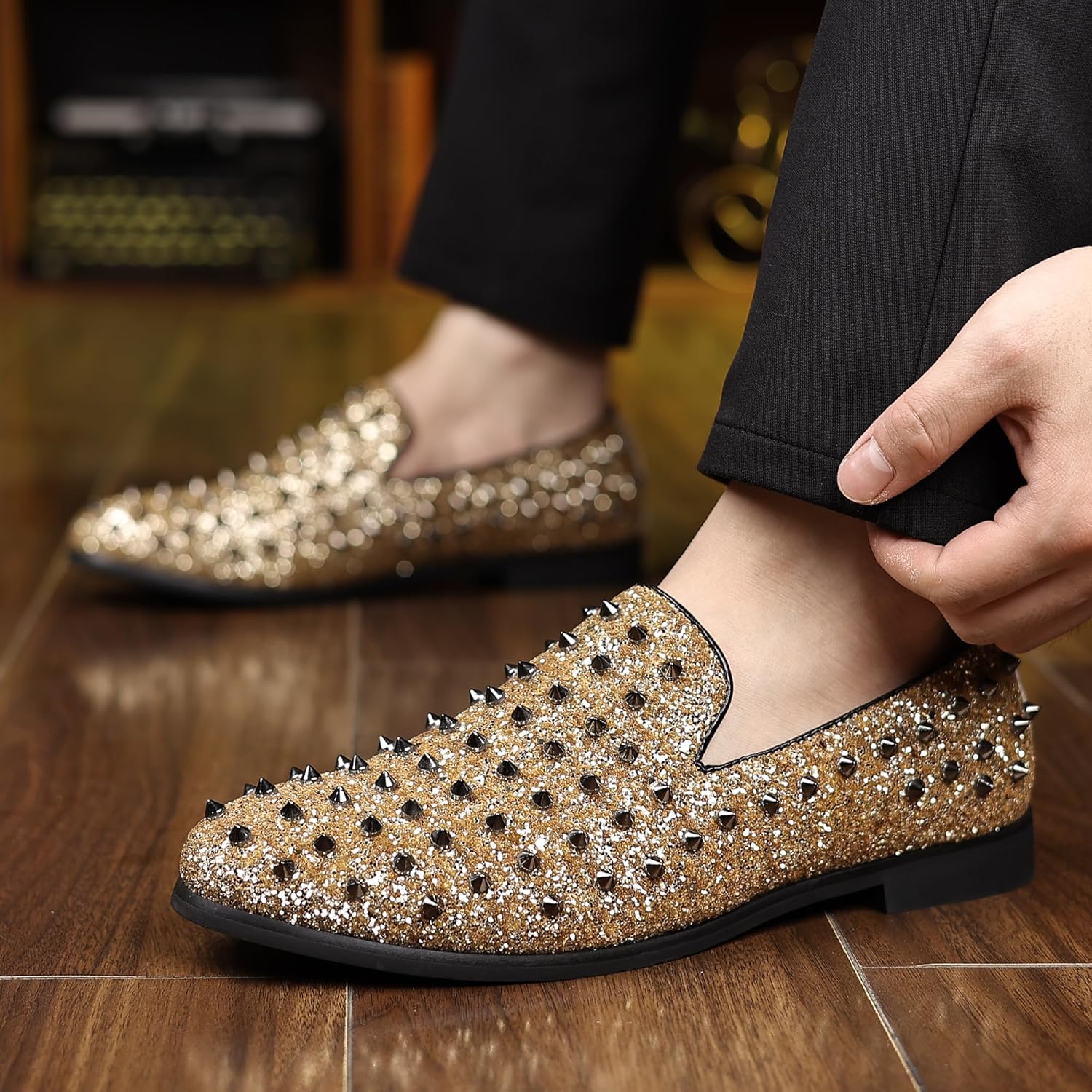 COSIDRAM Men's Vintage Studded Dress Loafers Luxury Rhinestone Tuxedo Glitter Sequins Rivets Wedding Party Prom Shoes - Image 2