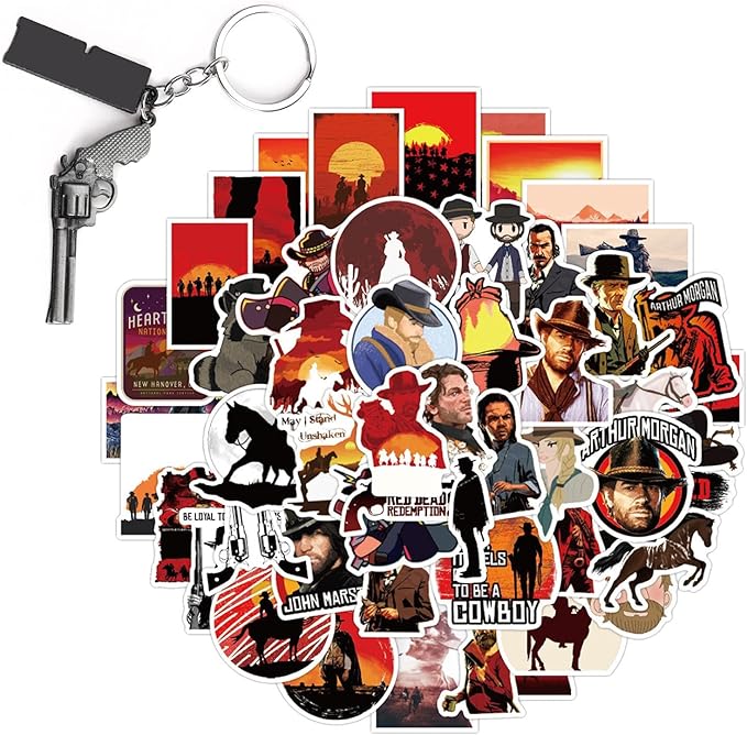 Rdr Western Cowboy Stickers 50Pcs（with Gun keychian Pendant） Cowboy Game Merch Decal Stickers Gifts Party Supplies for Water Bottles Skateboard Guitar Phone