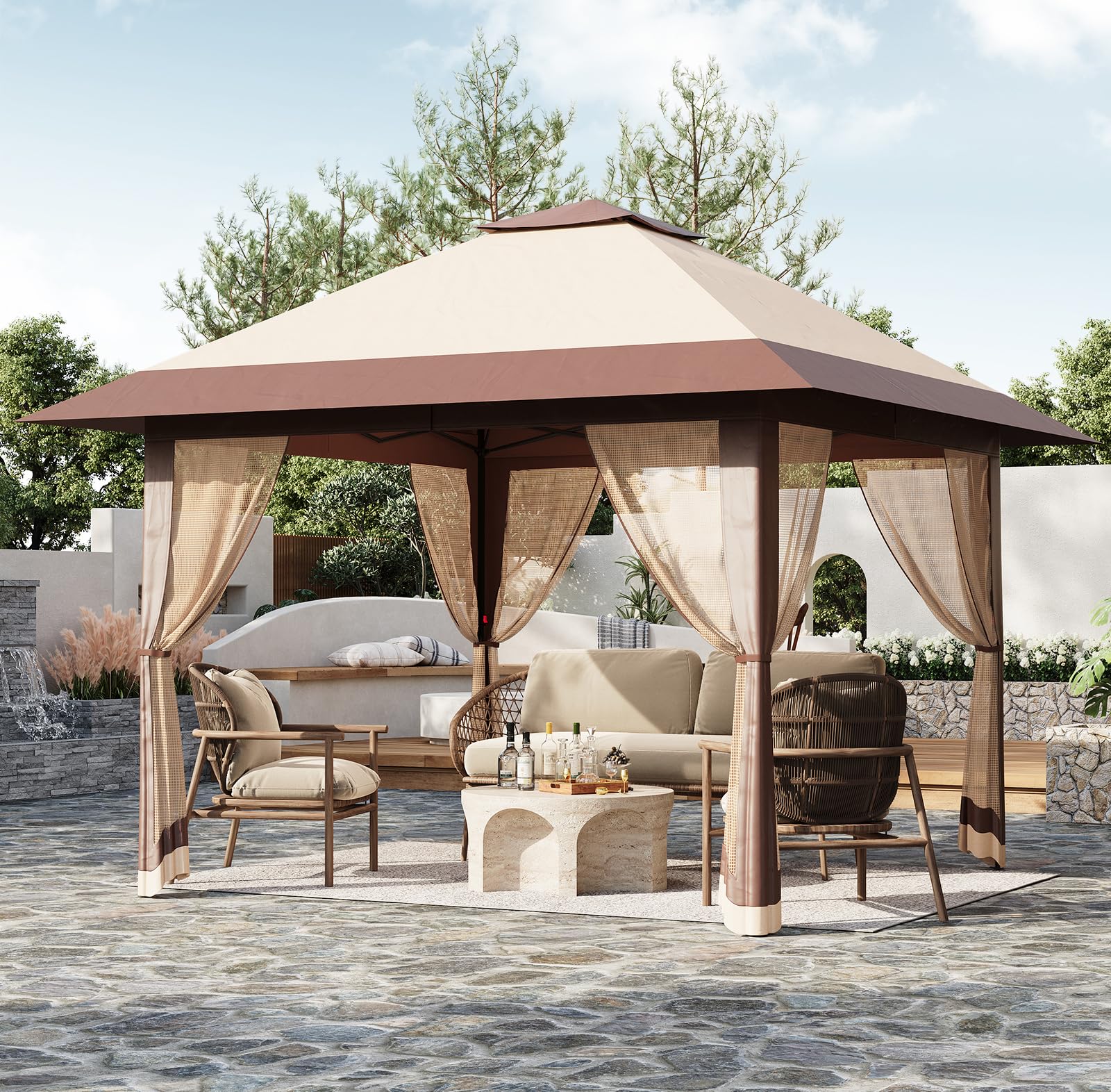View 1 of 13x13 FT Pop-Up Gazebo, Canopy Tent, Outdoor One-Push Setup Gazebo with 4 Sand Bags for Backyard & Patio Furniture, Pop Up Tent with Mosquito Netting & Height Adjustable - Khaki