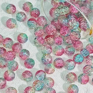 ガラスビーズ 10mm 100個入り クラックビーズ 手芸 ブレスレット アクセサリーパーツ ネックレス (ピンク＆ライトブルー) NYANDELMO | 光を受けて輝くひび割れ模様の丸いガラス玉,直径10mmの100個入りで手作りの飾りにたっぷり使える,ピアス・イヤリング・キーホルダー・レジン作品に,色あせや変色がしにくく長くきれいなまま,収納しやすい袋入りで仕分けもしやすい