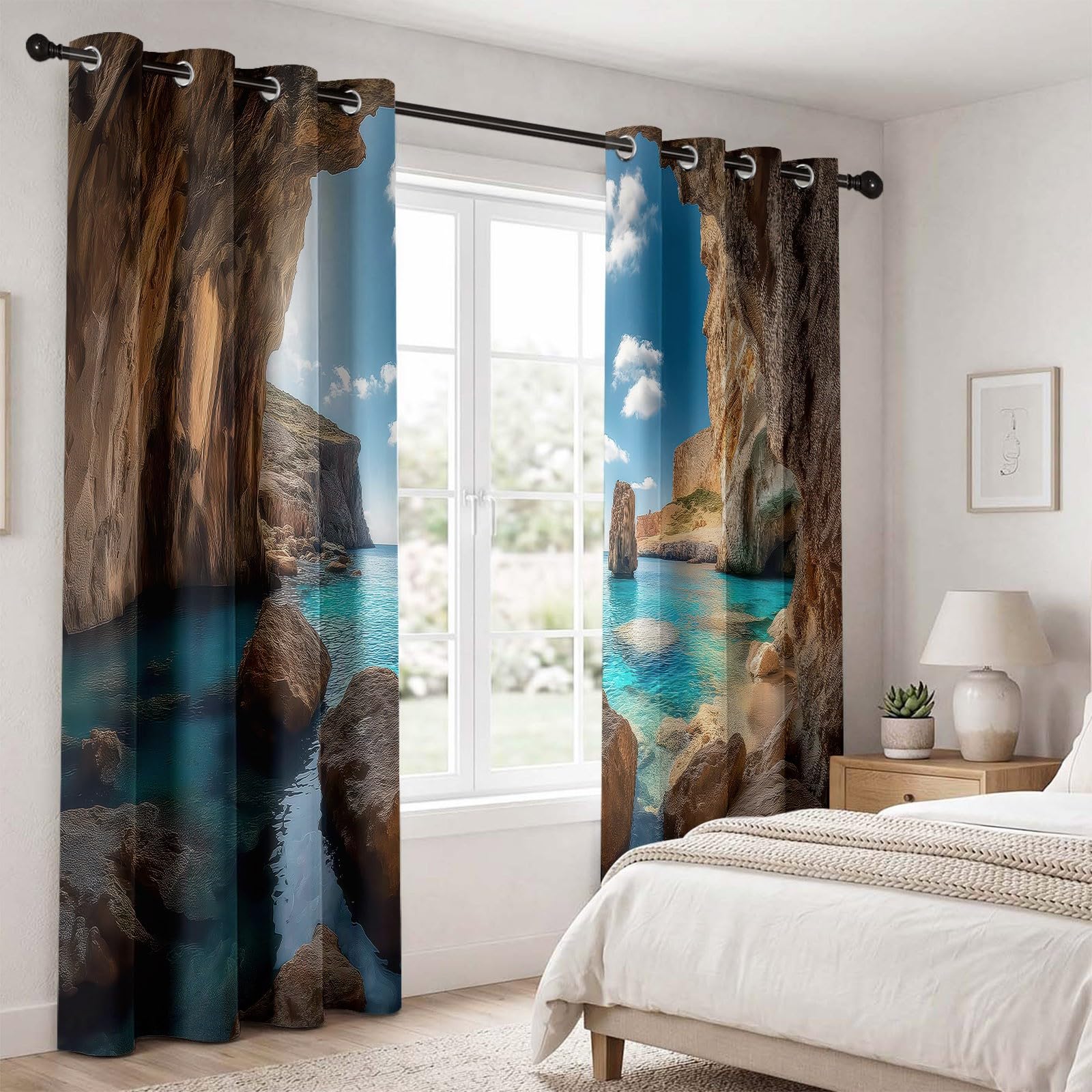 Générique Rideau Occultant Paysage Naturel à Oeillets, Rideaux Thermiques Isolants pour Salon, Grottes Rochers Vagues Nuages Imprimé 3D, Lot de 2 Panneaux 140 X 260 cm (LxH), Décoration de Chambre