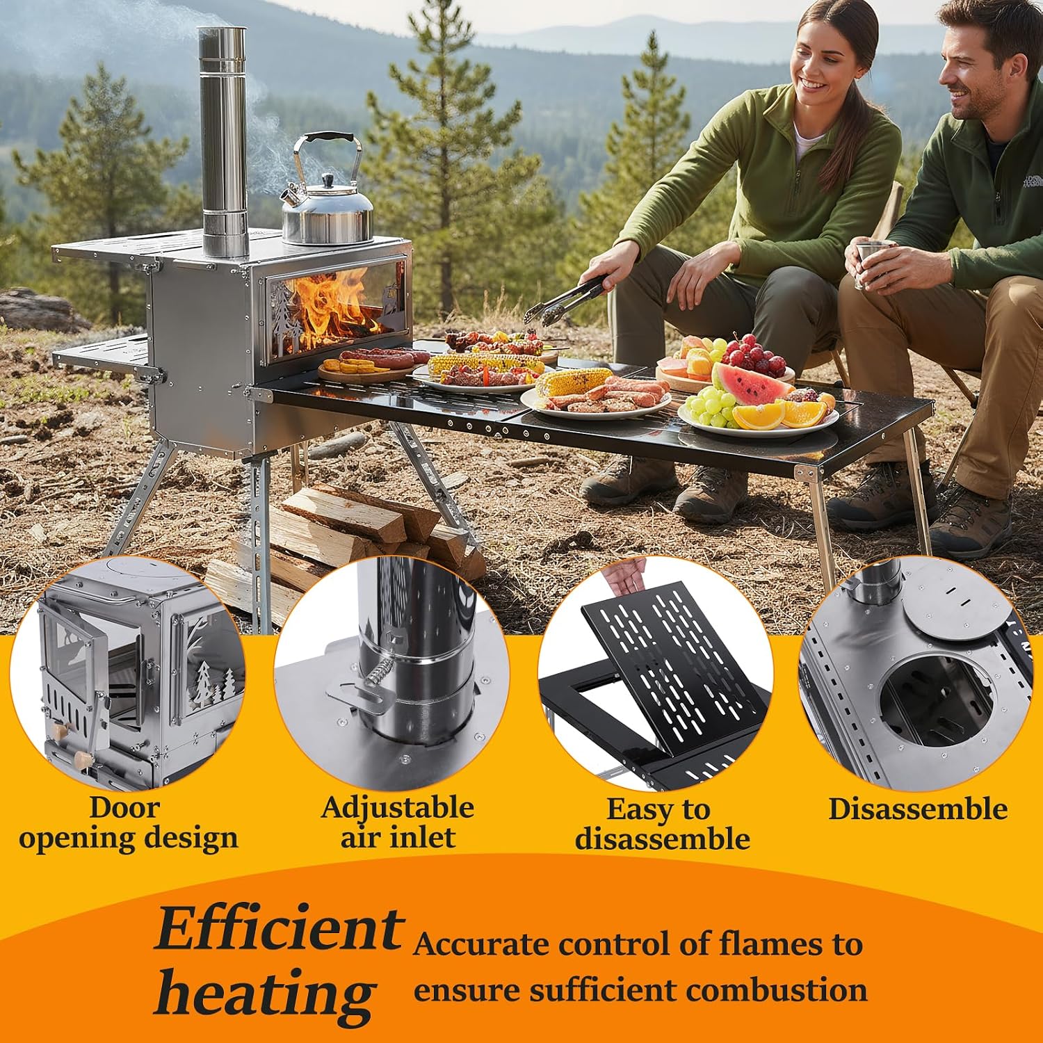 Wood Burning Stove Portable Stoves with Oven & Camping Table Chimney Pipe Stainless Steel Outdoor Firewood Stove for Hunting Fishing Cooking Heating