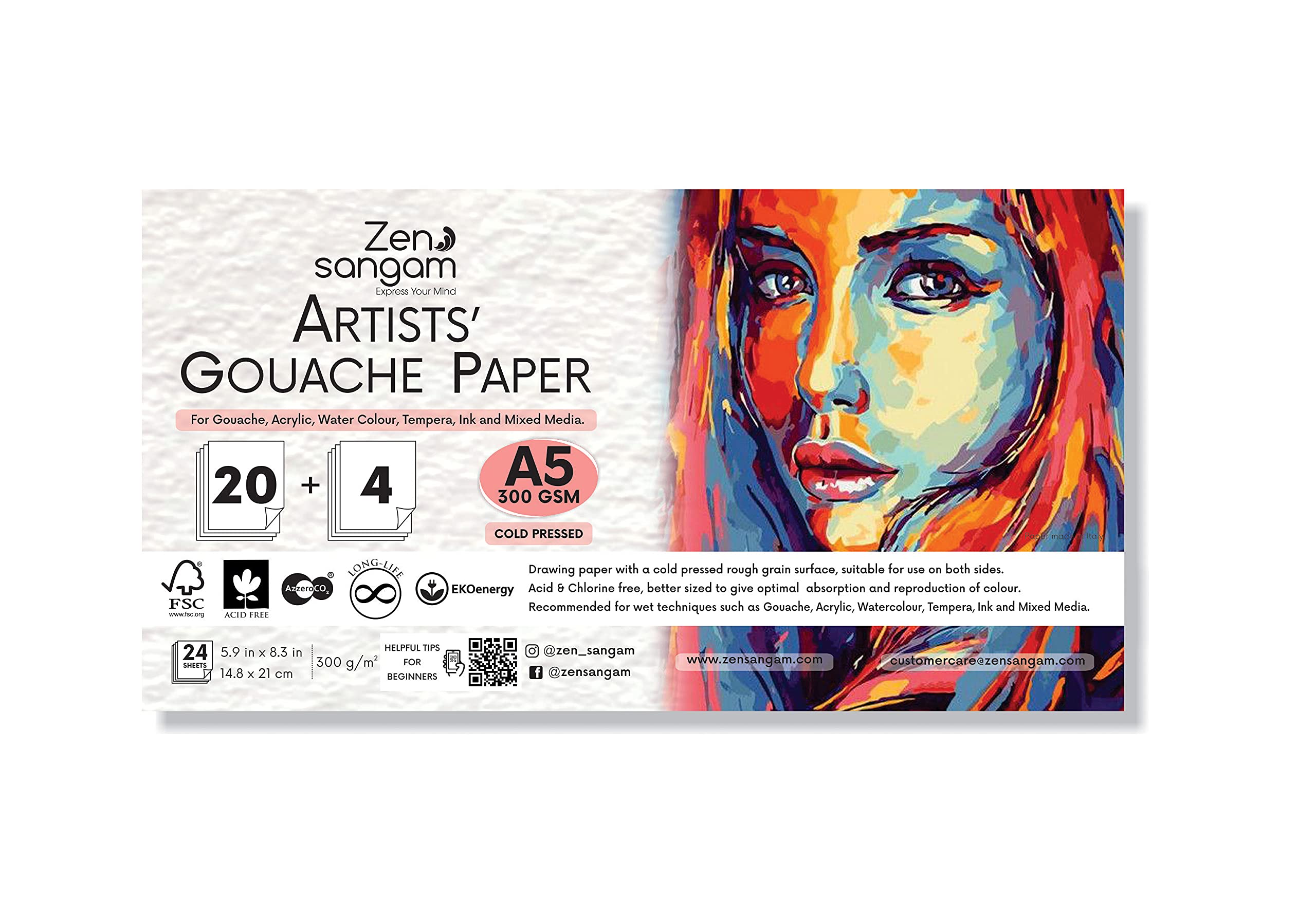 Zen Sangam Express your Mind 300 GSM Cold Pressed Rough Grain Surface, Acid Free, A5 Size Gouache Papers Sheets (21x14.8cm, 24 Sheets)