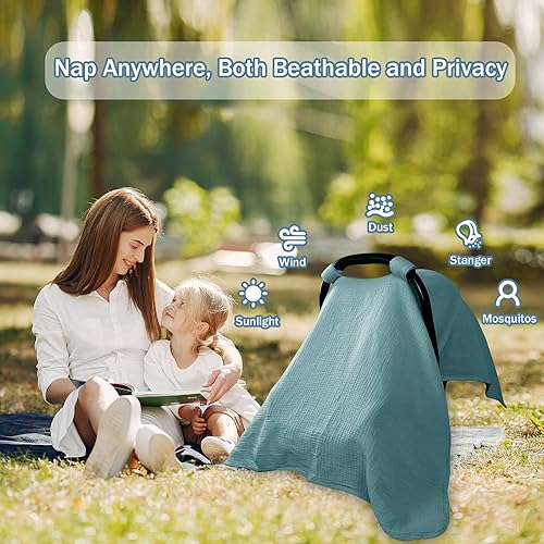 Vista 6 de Hooyax Funda para asiento de automóvil y funda de lactancia 2 en 1, 100% algodón de muselina, toldo transpirable para asiento de automóvil y Azul