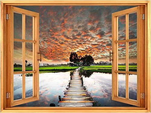 Miniatura 3 de SIGNWIN Adhesivo mural removible para pared, vista de ventana, puesta de sol, nubes, puente sobre lago, naturaleza, desierto, fotografía, realismo,