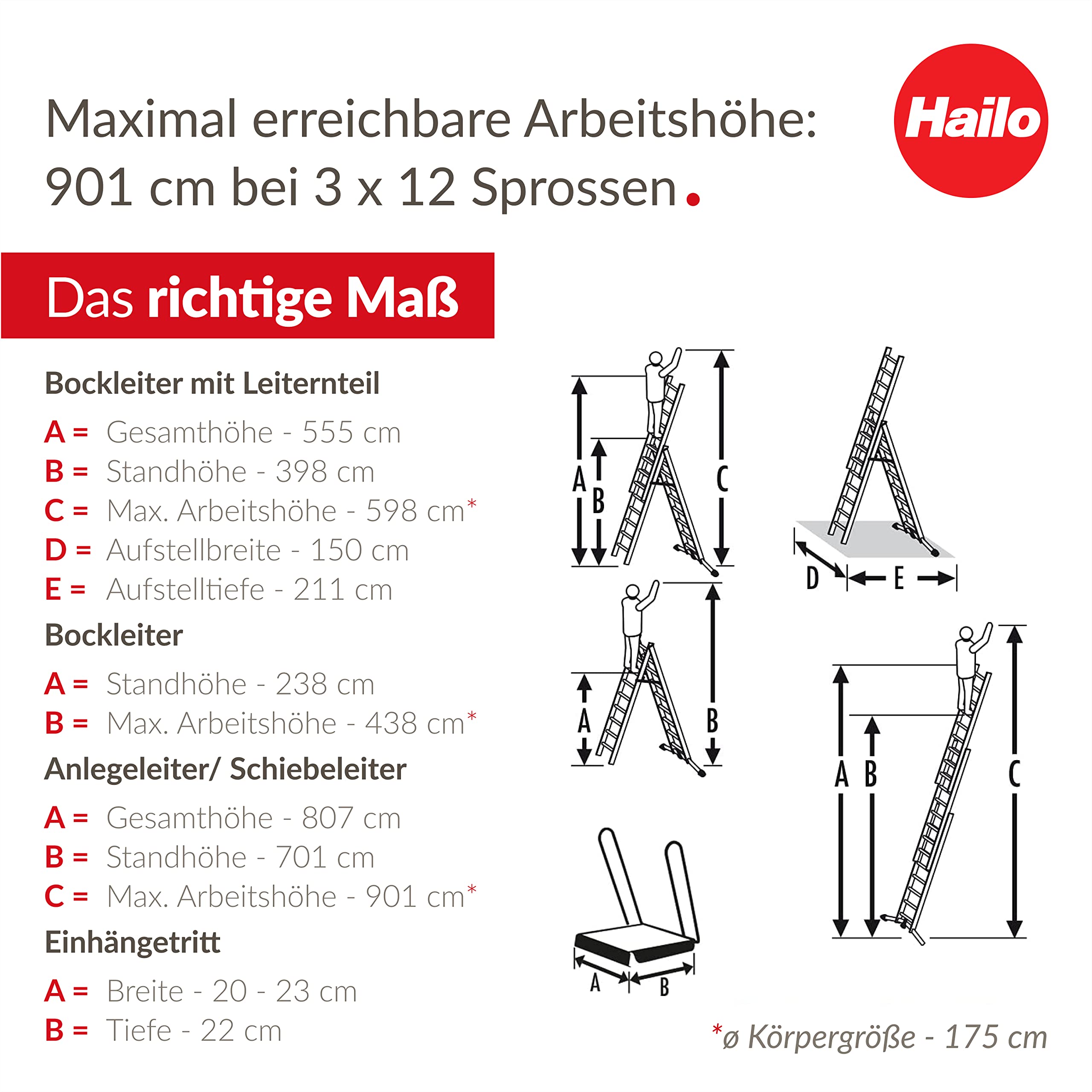 Hailo S98 ProfiLOT 3-teilige Alu-Kombileiter mit Lot-System - gleicht Unebenheiten aus - 3 x 12 profilierte Sprossen belastbar bis 150 kg - Leiter rostfrei - Silber