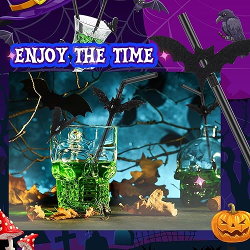 Miniatura 3 de Bokon Juego de 200 pajitas de murciélago negras para Halloween, desechables, de plástico, pajitas de Halloween para beber fiesta de Halloween,