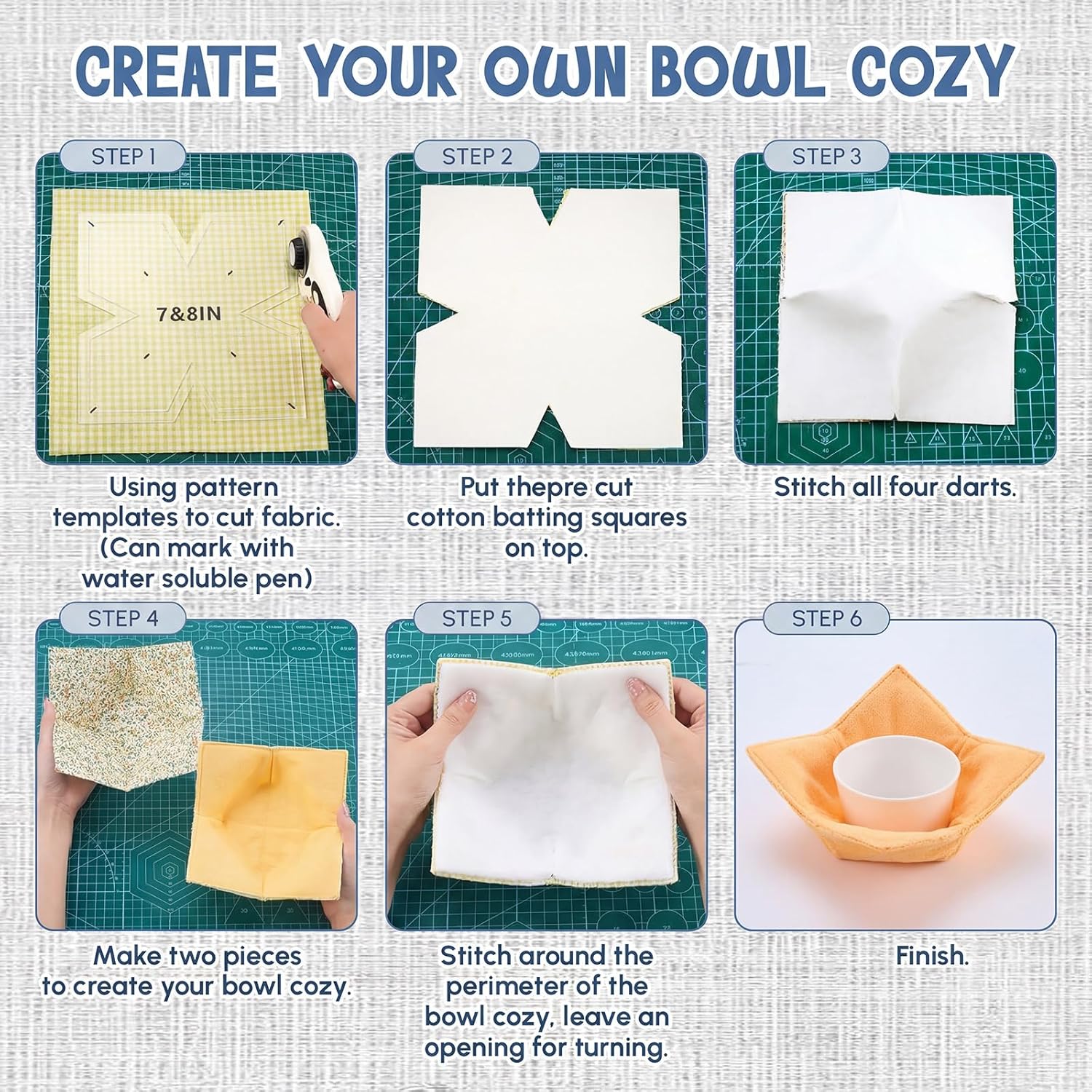 Teenyyou 42 Pcs Bowl Cozy Template Set 3 Pcs 7-12 Inch Acrylic Bowl Wrap Sewing Pattern Templates 36 Cozy Pre Cut Batting with 3 Water Soluble Pen for Sewing DIY, Microwave Safe (Four-Petal Style)