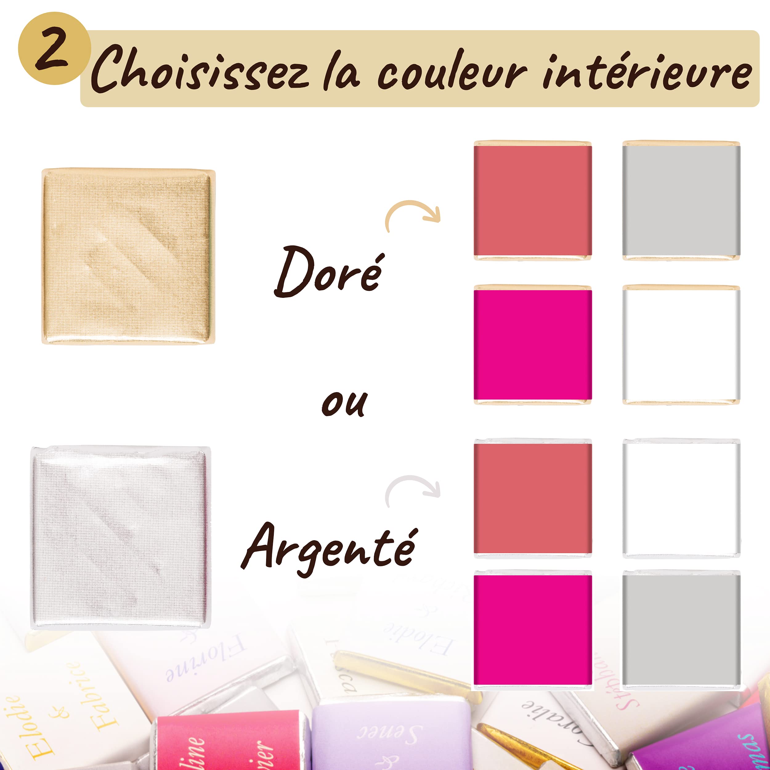 Coffret de 70 Carrés de Chocolat Personnalisés avec Textes et Couleurs | Personnalisez votre Texte et vos Couleurs, 7 Saveurs au Choix, 100% Pur Beurre de Cacao, Fabriqué en France, 350 Gr