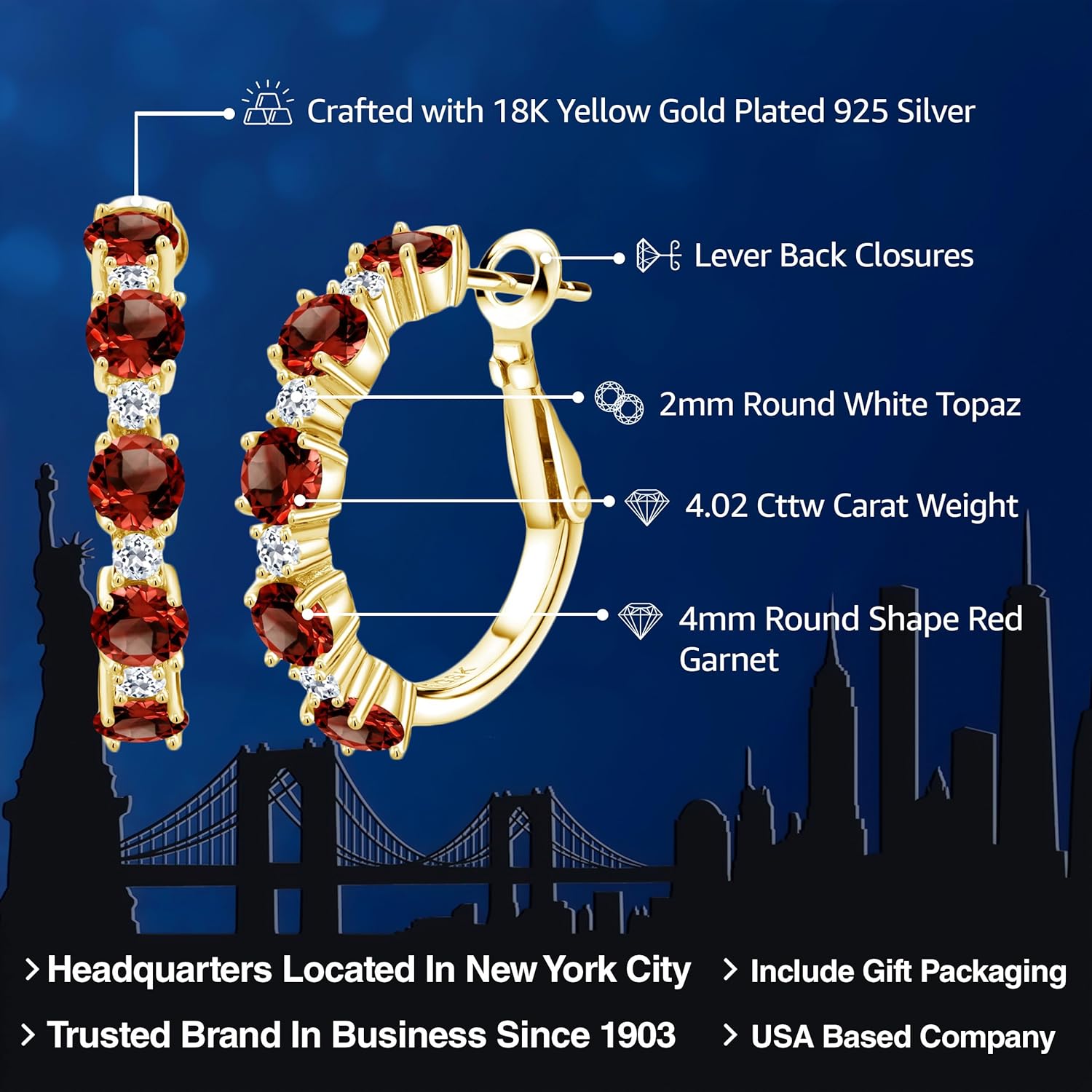 Gem Stone King 18K Yellow Gold Plated Silver Gemstone Birthstone and White Topaz Hoop Earrings for Women | Round Cut 4MM and 1.9MM Stones | 1 Inch Diameter Hoops | Fine Jewelry for Her Mom Wife Women