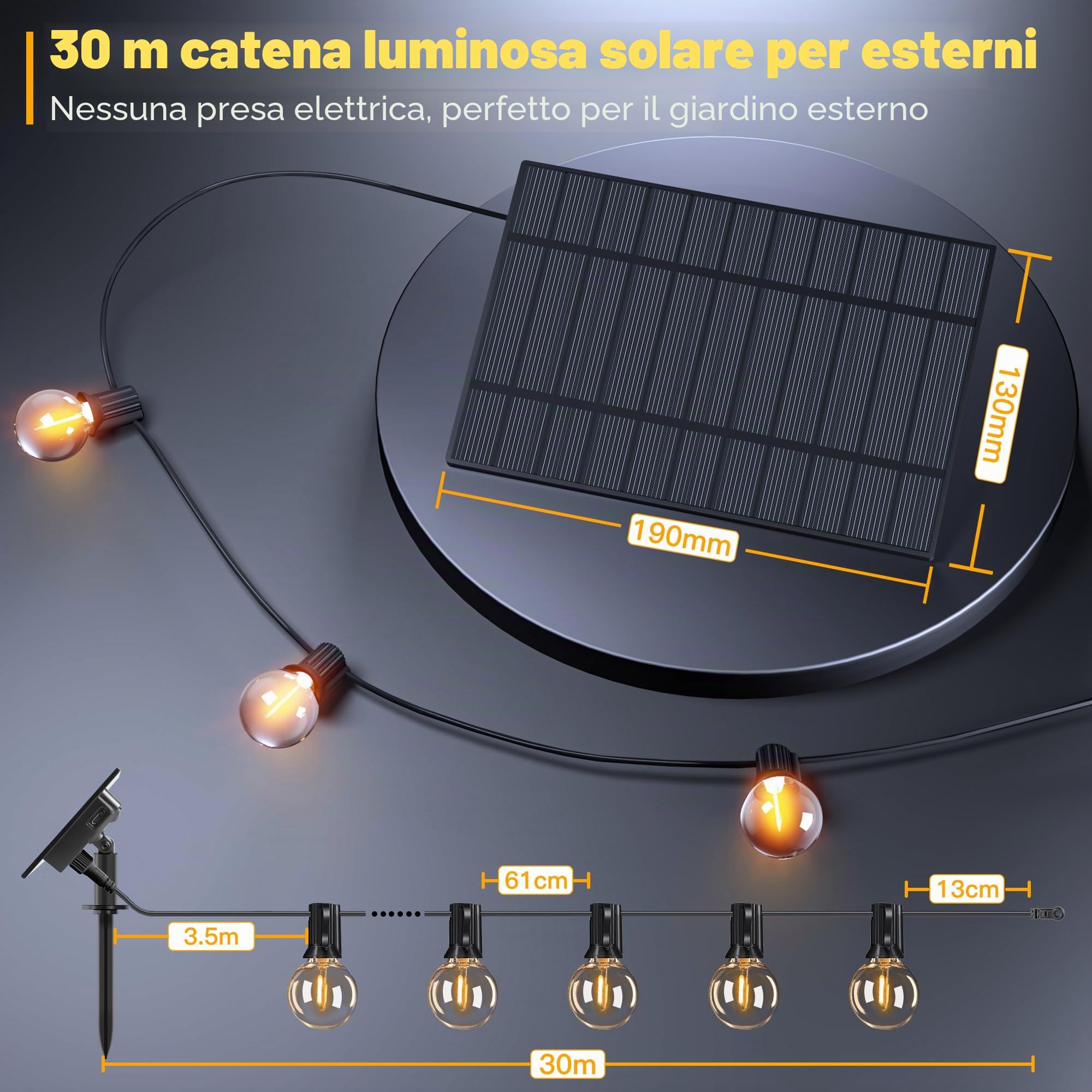 Ollny Ghirlanda di luci solari per esterni 30M con 50+2 lampadine LED, illuminazione solare G40 per esterni con telecomando, 3 modalità di illuminazione, funzione timer, IP65 impermeabile per giardino