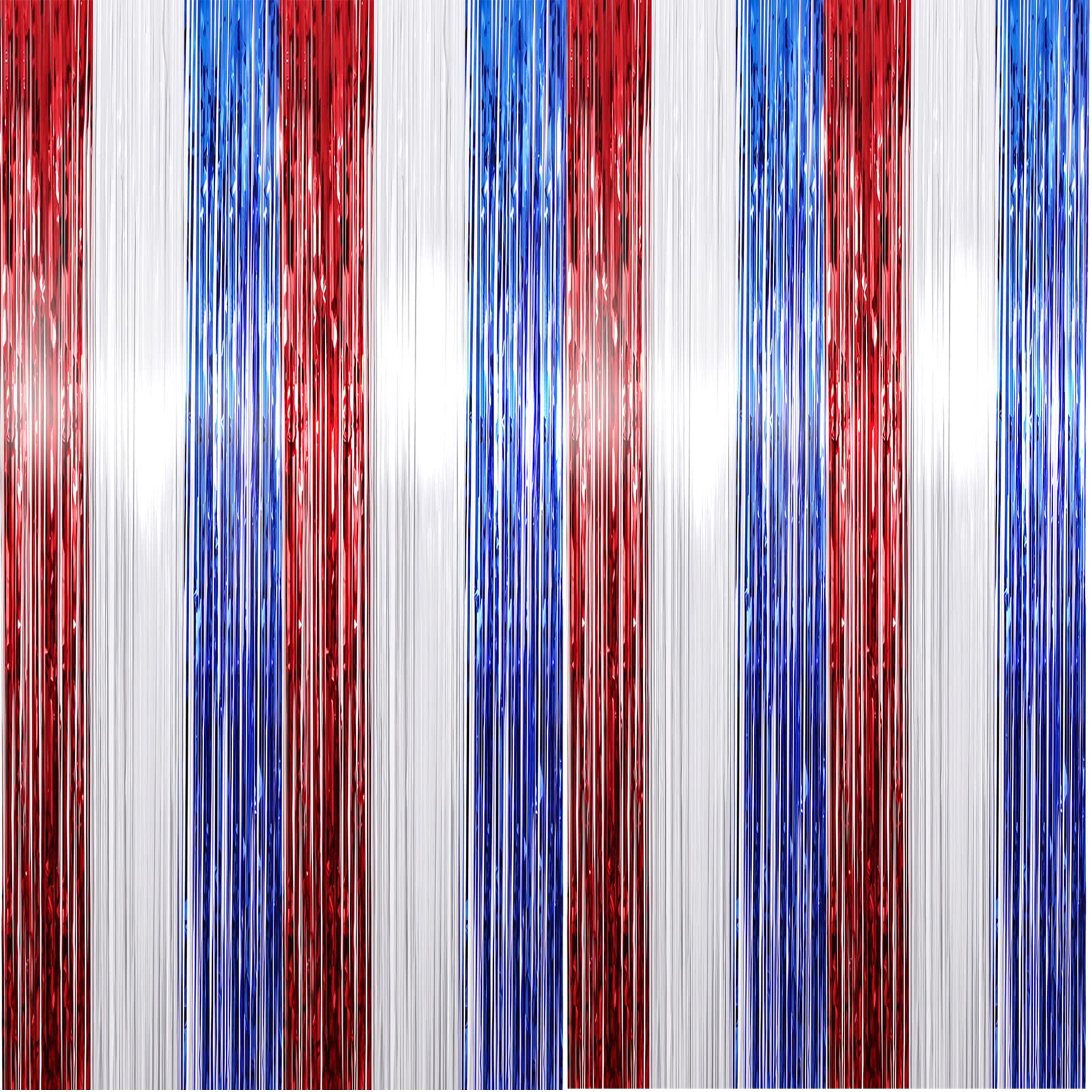 Photo 1 of 4th of July Decorations, 4Pack Red White Blue Tinsel Foil Fringe Curtains DIY Garland Independence Day Patriotic Party Photo Booth Props Streamer Backdrop Door Wall Decorations America Party Supplies Red+white+blue 8.2x3.3Ft-4Pack
