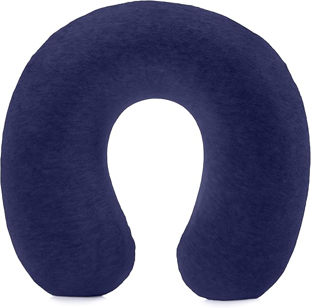 Amazon Basics Memory Foam Travel Neck Pillow with Removable Cover and Elastic Carrying Strap, Navy Blue