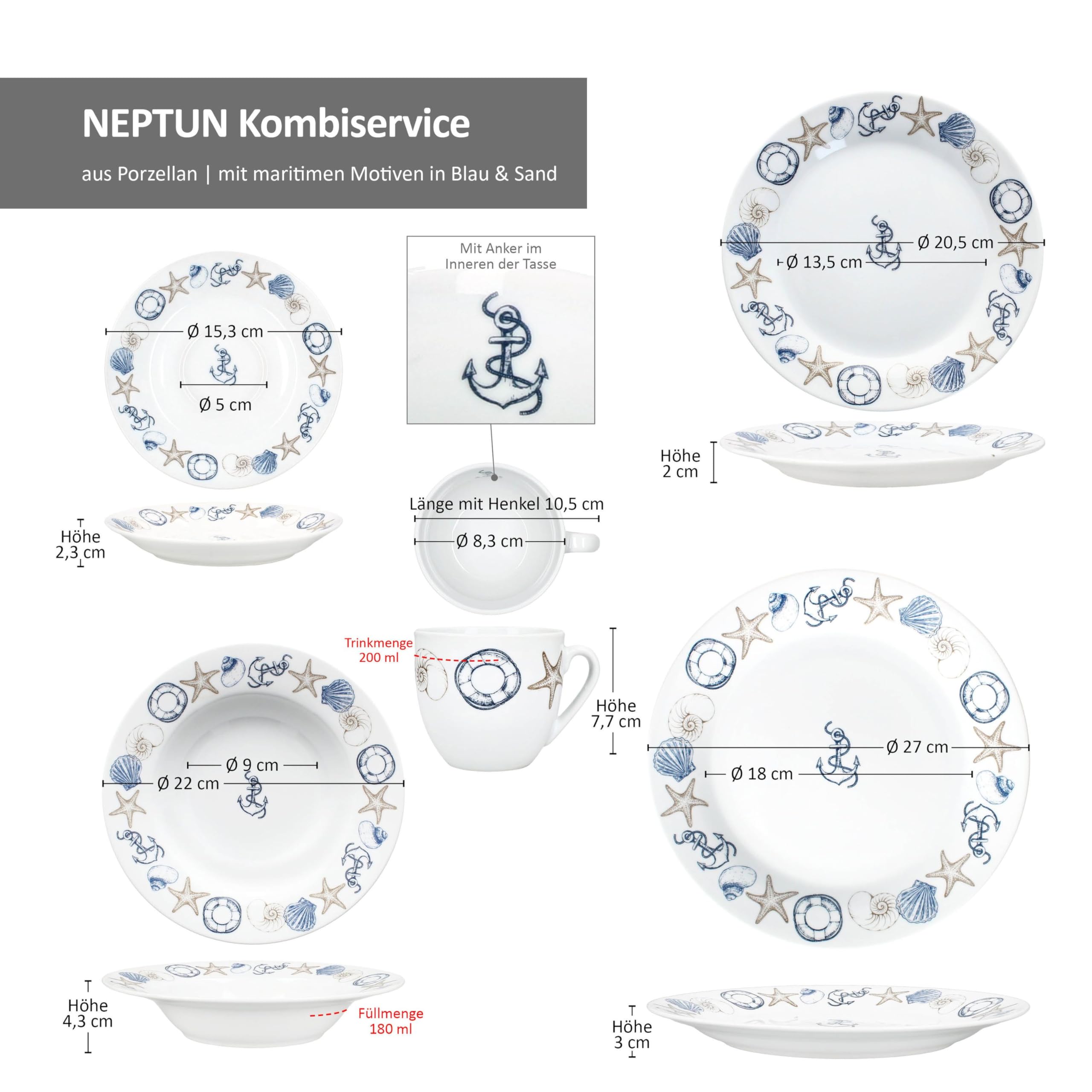 MamboCat Neptun 30tlg Kombiservice I Porzellan Geschirrset mit maritimen Motiven Anker, Muschel & Co für 6 Personen I je 6X Tassen, Untertassen, Kuchen-, Suppen- & Speiseteller